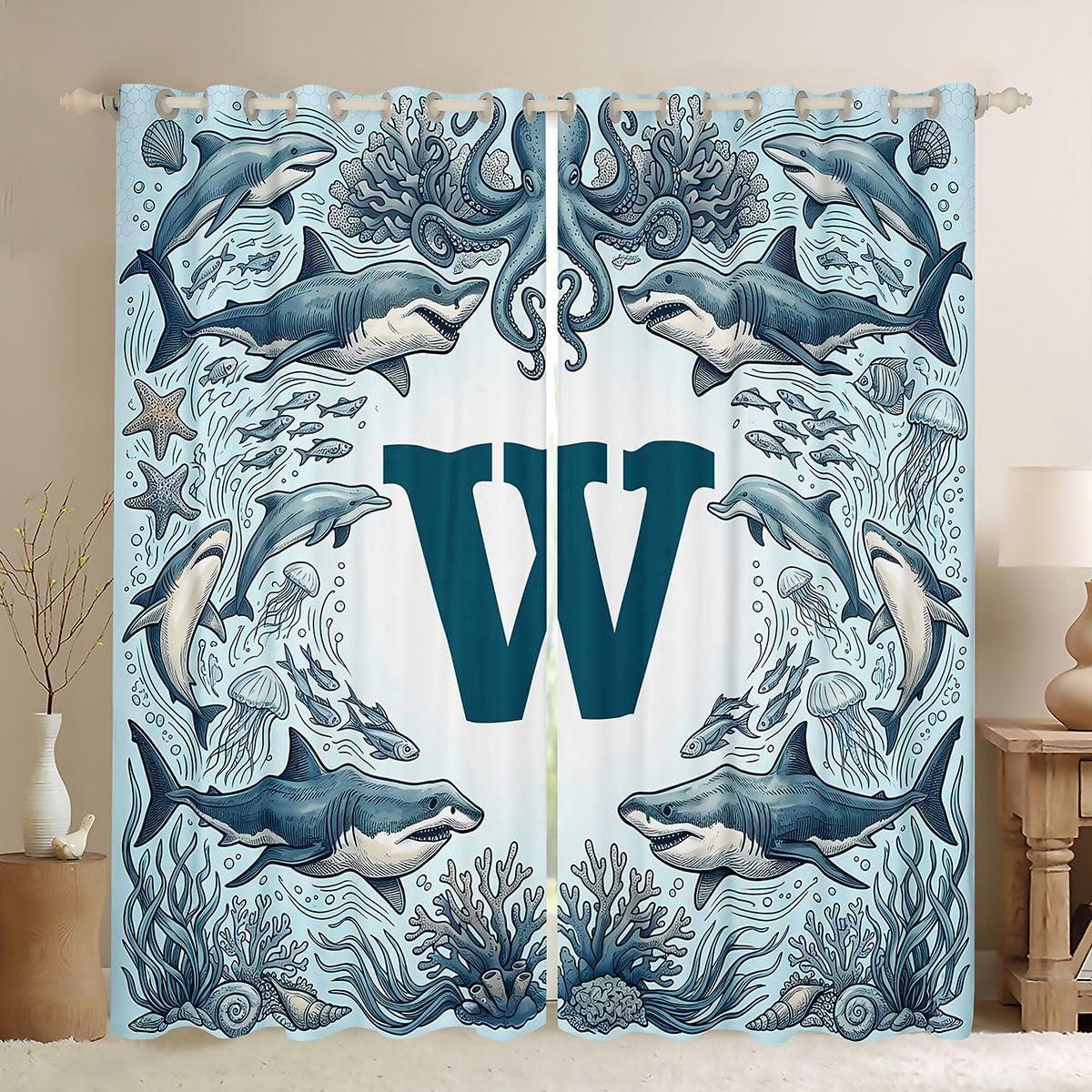Feelyou Shark Blackout Curtains Initial W Darkening Drapes for Bedroom Living Room Decor Sea Animal Thermal Insulated Shades Window Treatments, 2 Panels 38 x 54 Inch