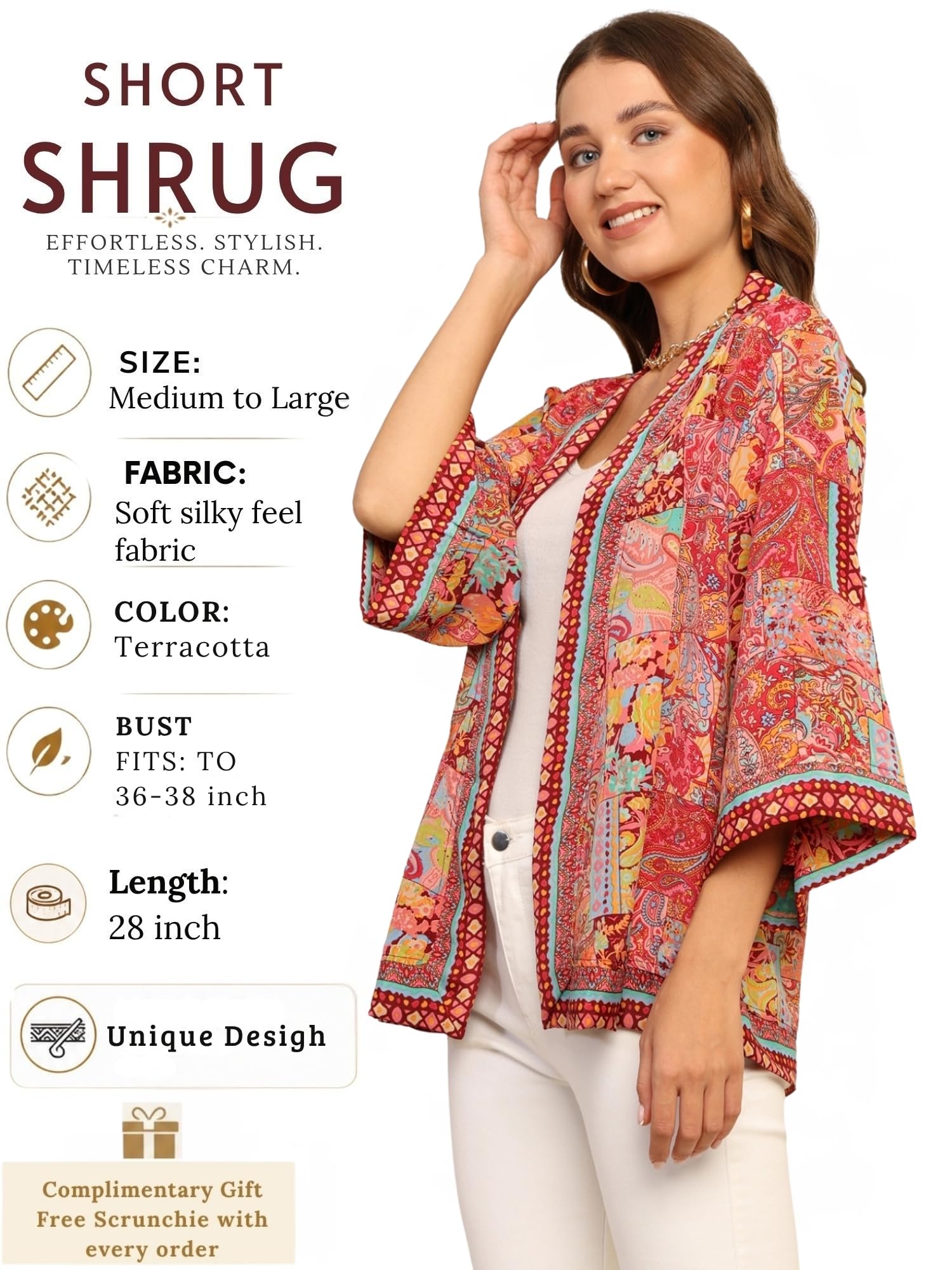 KE KANHA EXPORTS Women's Boho Border Print Shrug|Stylish Kimono Jacket Cover Up|Soft Silky-Feel Premium Fabric|Blue Multicolor|Easily Fits S-M-L|Bust 30-42 in|Length 28 in|Pack of 1 (1147) 2