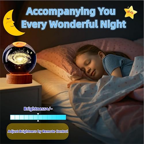 Miniatura 3 de Lámpara de bola de cristal de galaxia 3D, luz nocturna de bola de cristal K9 de 3.15 pulgadas con base de madera, luz cambiante de 16 colores con