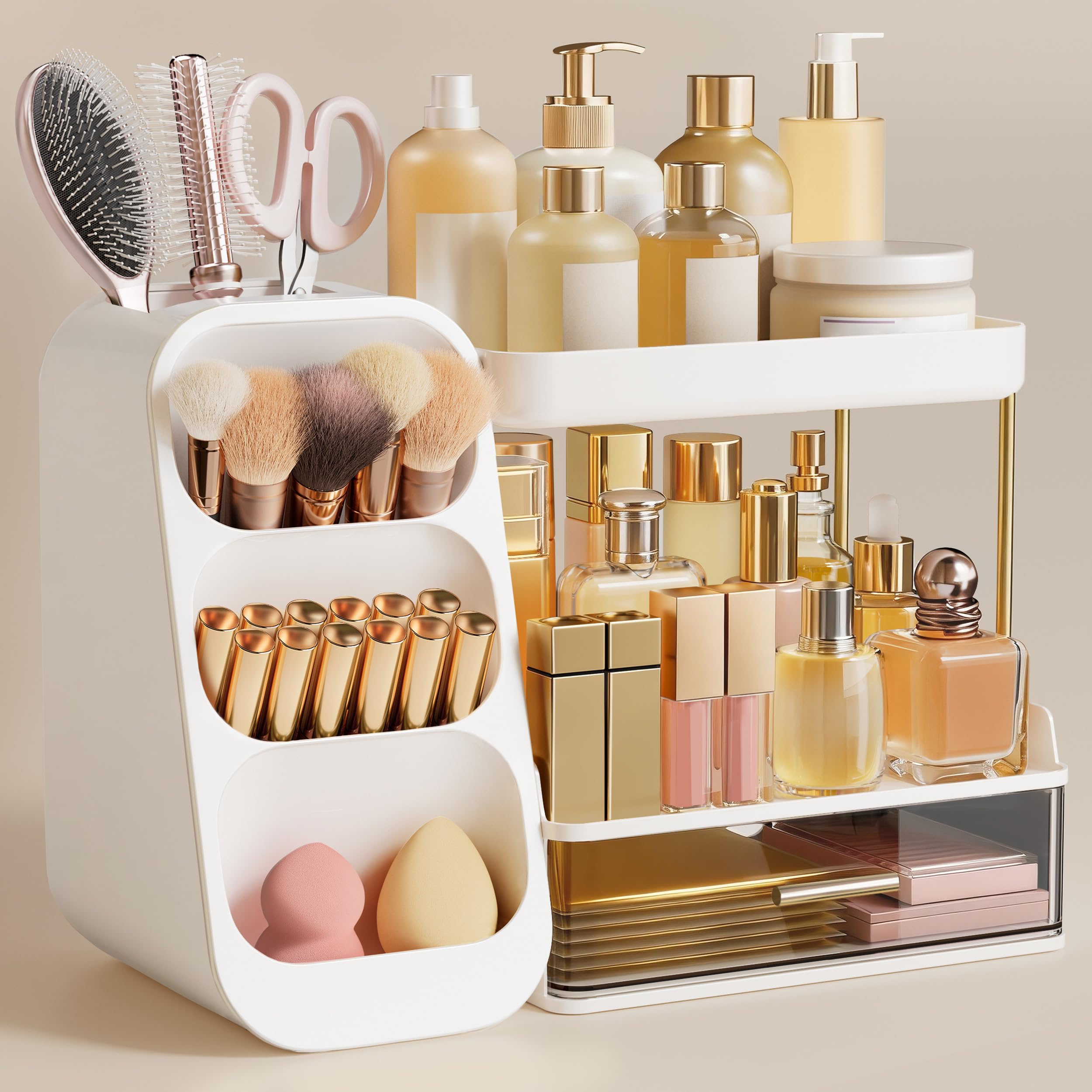 HBlife Bathroom Organizers and Storage with Brush Holder for Vanity, 3 Tier Plastic Makeup Organizer for Dresser Counter, Skincare, Lipstick, Perfume, and Cosmetic Storage