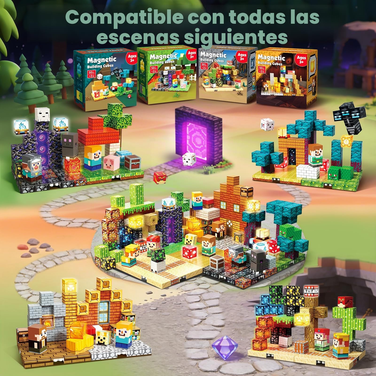 Goody King Bloques Magnéticos Construcción Niños 200 Piezas + 8 Bases - 4 Temáticos: Portal, Mina, Ruinas Crepusculares y Habitación, Juego de Construcción Educativo Regalo para Niños de 4 a 12 Años