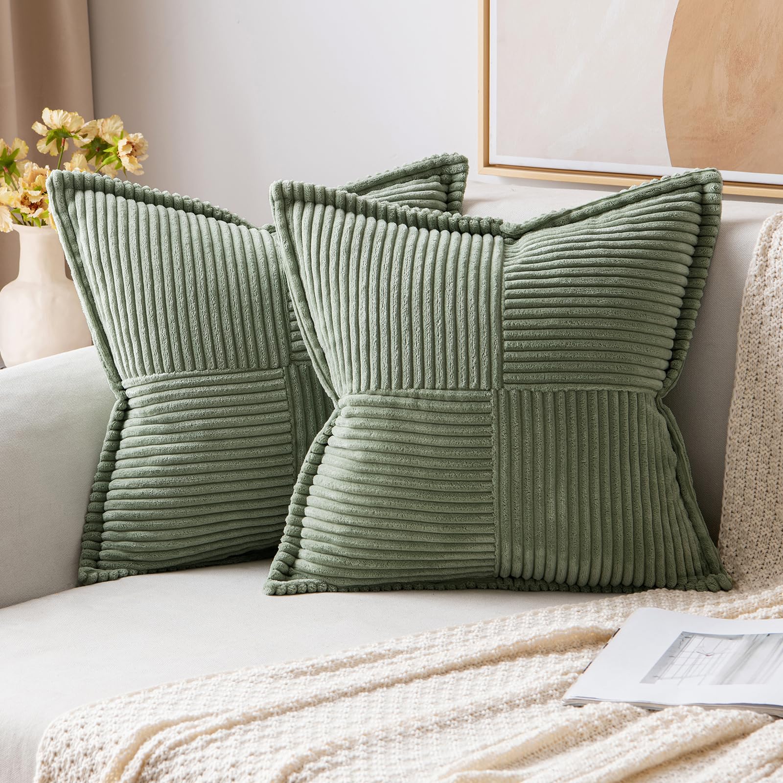 MIULEE Decorative Throw Pillow Covers for Couch 16x16 Light Olive Green | 2 Pack, Boho Broadside Striped Patchwork Pillow Covers, Soft Corduroy Cushion Cases, For Sofa Bed Livingroom Home Decor