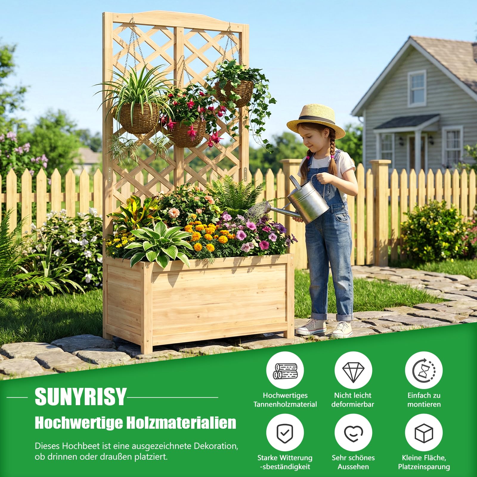 SUNYRISY Holz Hochbeet mit Rankgitter Blumenkasten mit Rankhilfe | Garten Pflanzkübel mit Spalier, Sichtschutz Garten Pflanzkasten Pflanzkübel für Anbau Kletterpflanzen, 76 x 40 x 150 cm