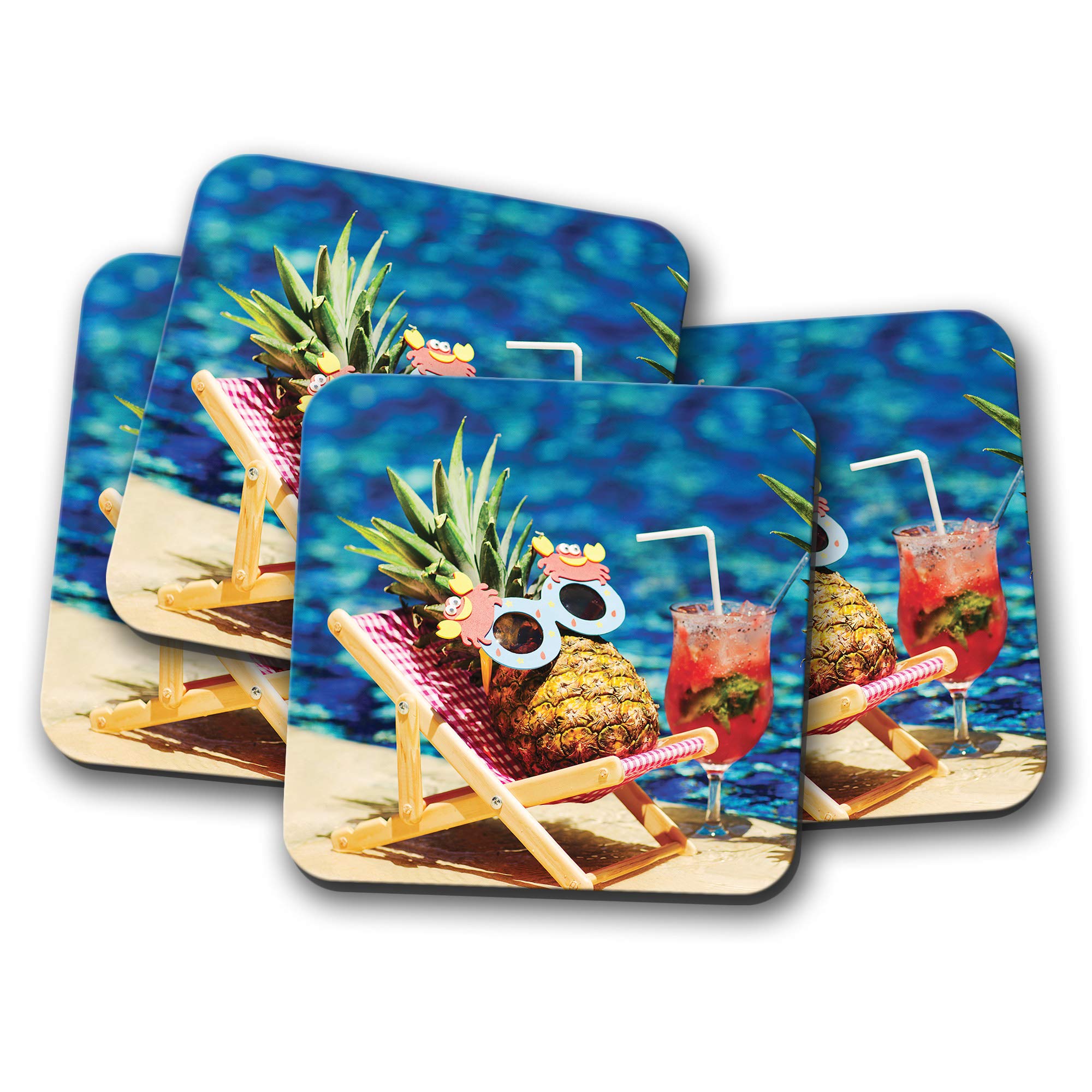 Destination Vinyl Ltd Multicolor 4 Set - Pineapple Holiday Coaster - Funny Joke Summer Fruit Cocktail #12316