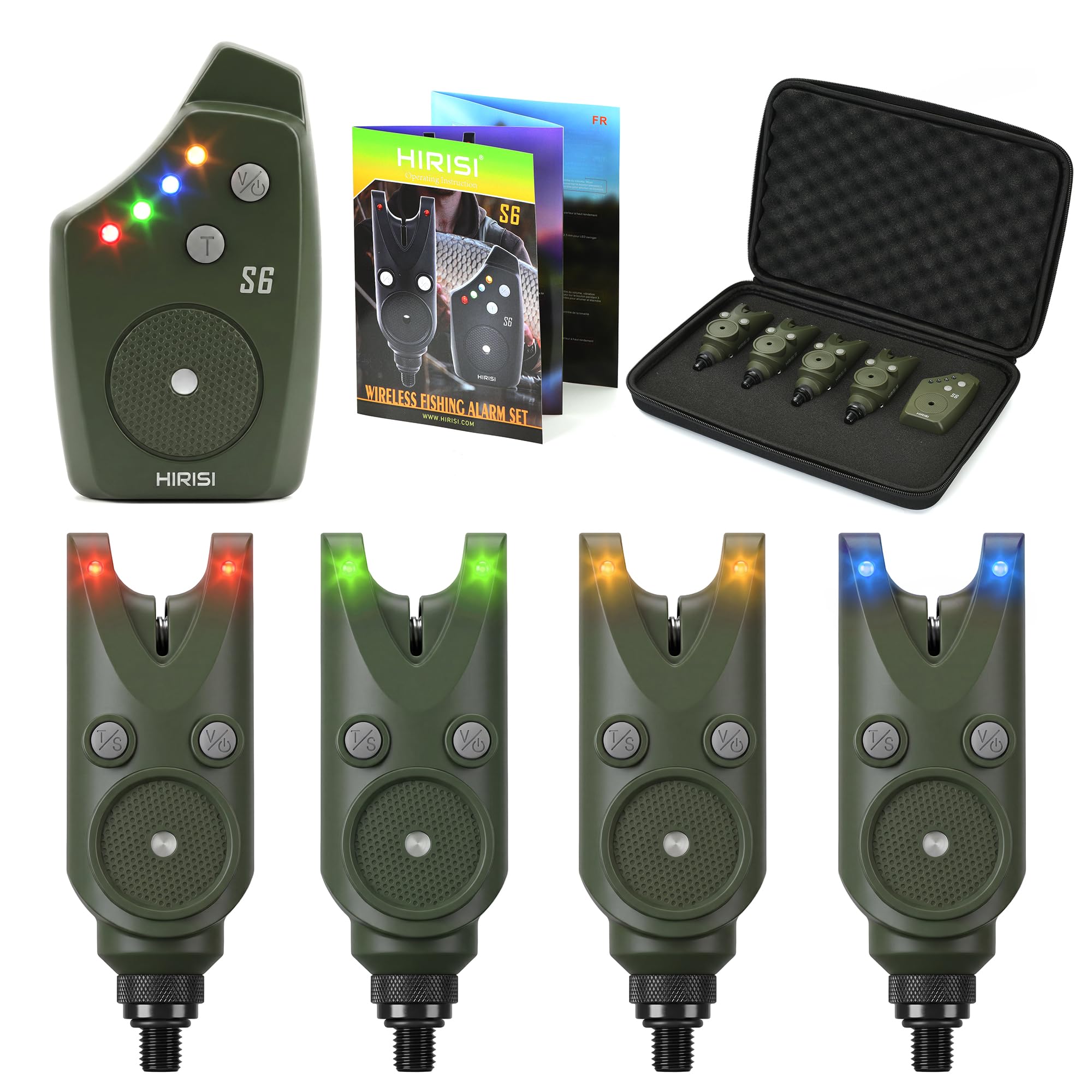 Hirisi Tackle Bissanzeiger Angeln, Wasserdichter Funk Bissanzeiger für Karpfen mit LED-Bissanzeiger, Einstellbarer Lautstärke und Tonhöhe, Empfindlichkeitseinstellung
