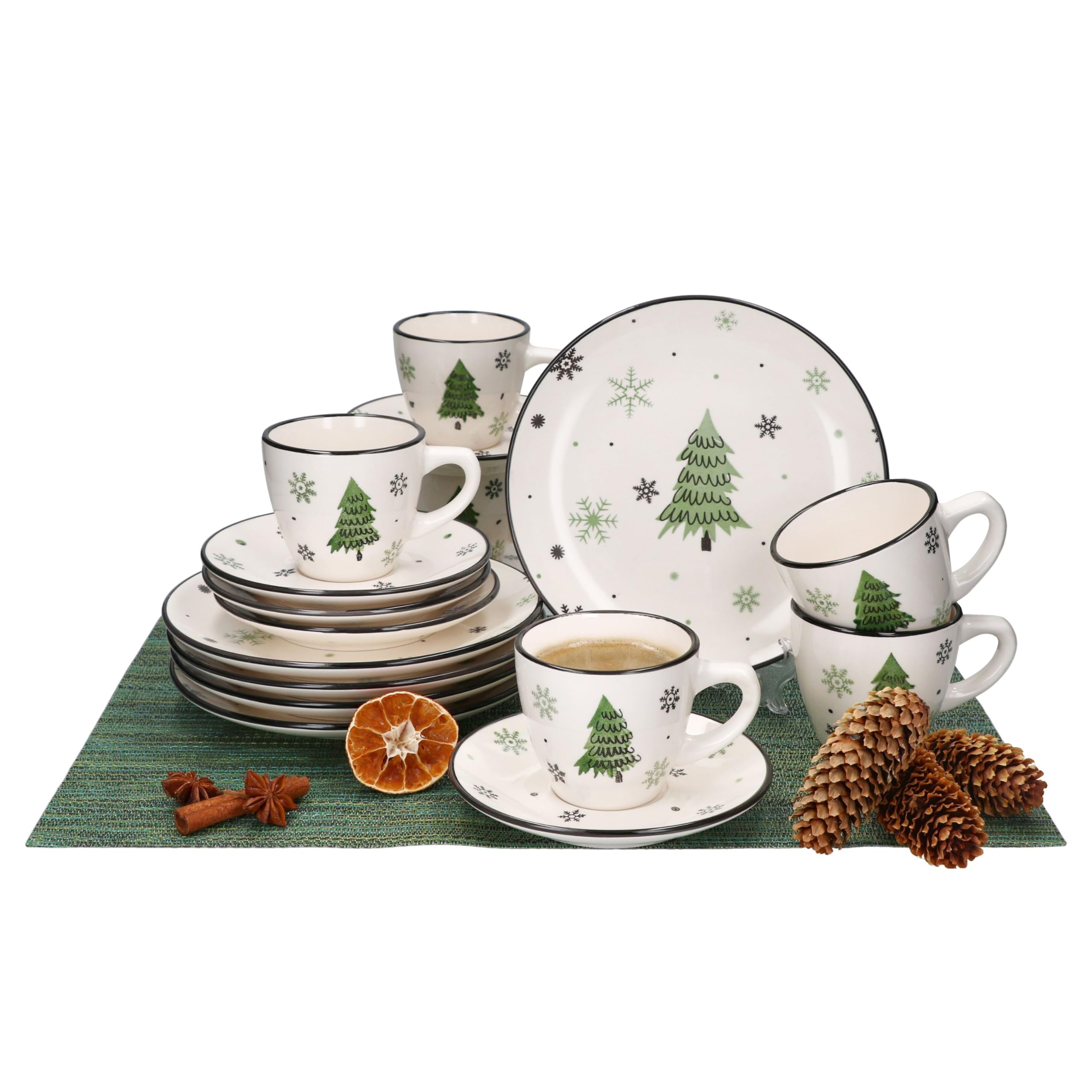 MamboCat Weihnachtsbaum 18tlg Kaffeeservice I Steingut-Kaffeeset für 6 Personen mit Tannenbäumen & Schneeflocken I Je 6x Kaffeetassen 150ml, Untertassen & Kuchenteller für Weihnachten & Nikolaus