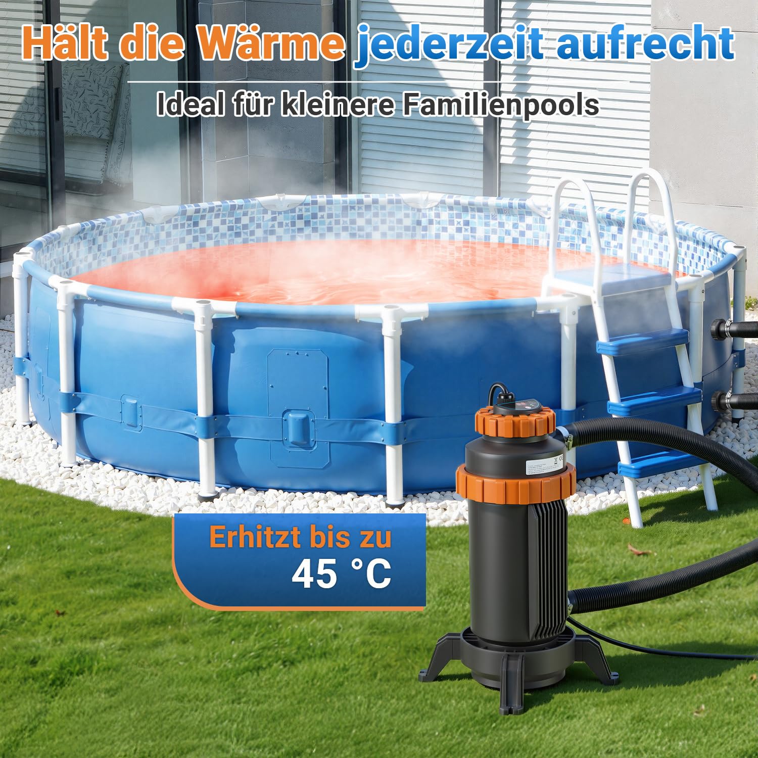 Fiqops Elektrische zwembadverwarming, diameter 29 x 42 cm, voor de meeste kleine zwembaden, lekbescherming, kantelbeveiliging, vuurvast materiaal, interface 32-38
