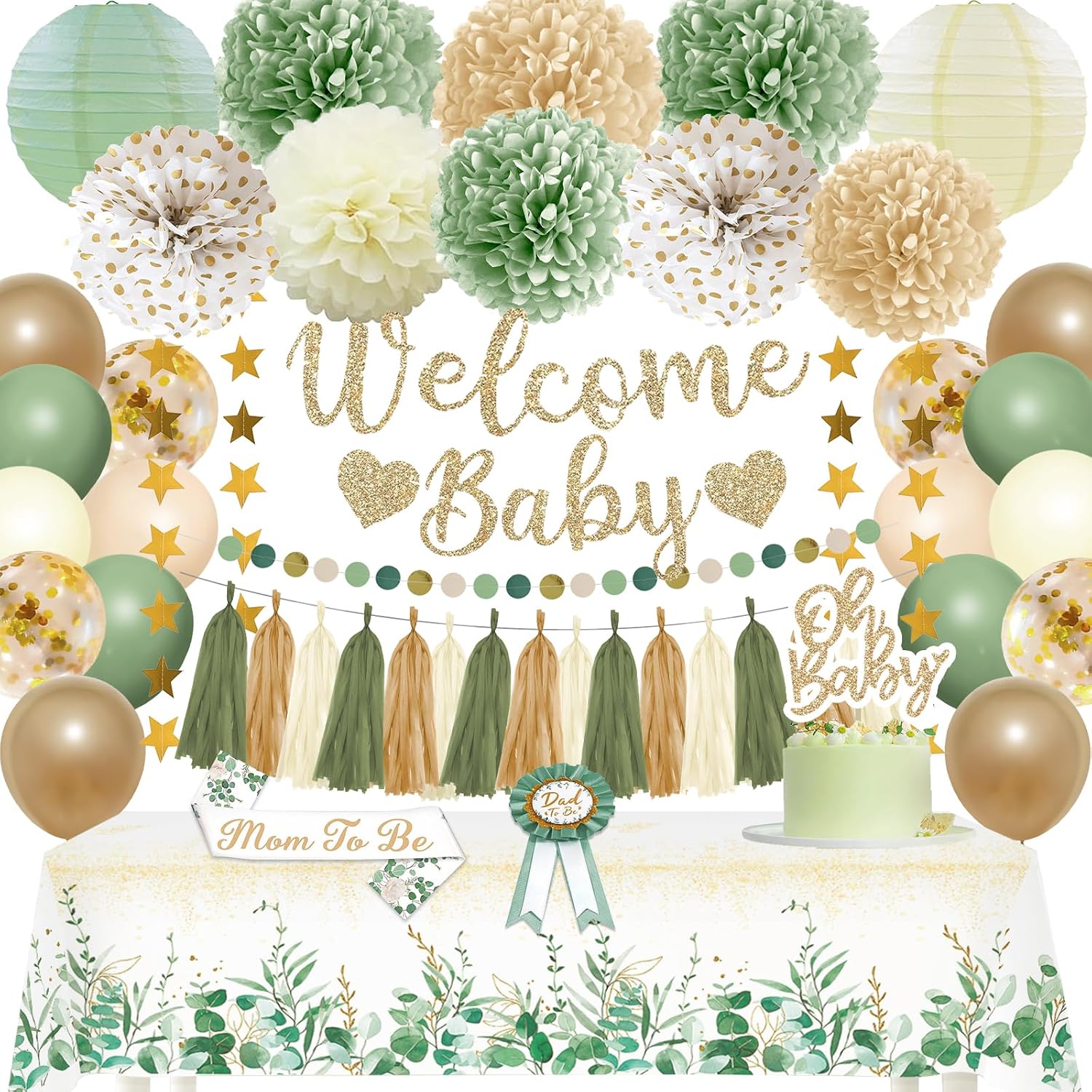 Sage Green Baby Shower Decorations Gender Neutral Baby Shower Decorations Welcome Baby Banner Sage Green Balloons Paper Lanterns Pom Poms Flowers Tablecloth Tassels Mom to Be Sash Dad to Be Pin