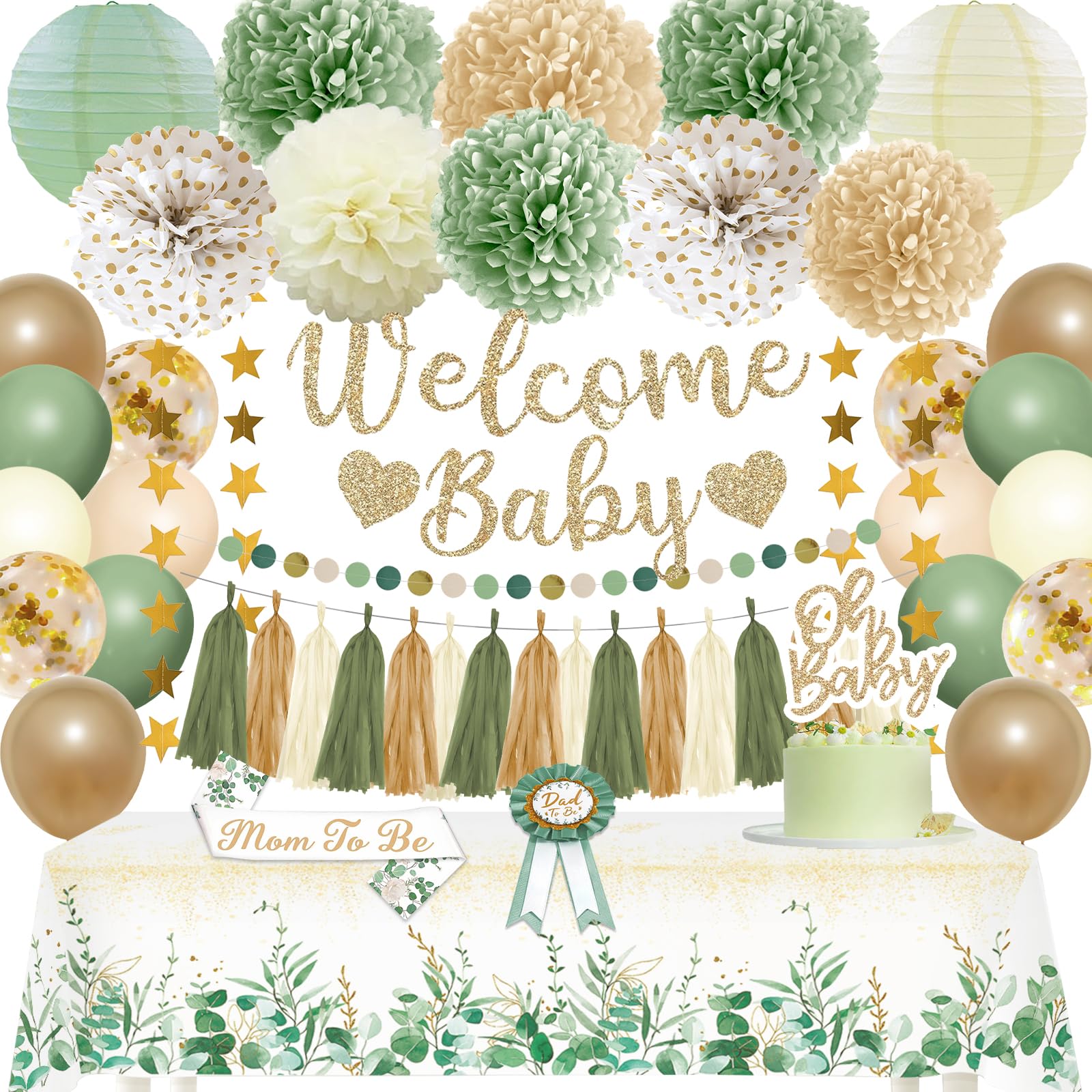 Photo 1 of Sage Green Baby Shower Decorations Gender Neutral Baby Shower Decorations Welcome Baby Banner Sage Green Balloons Paper Lanterns Pom Poms Flowers Tablecloth Tassels Mom to Be Sash Dad to Be Pin
