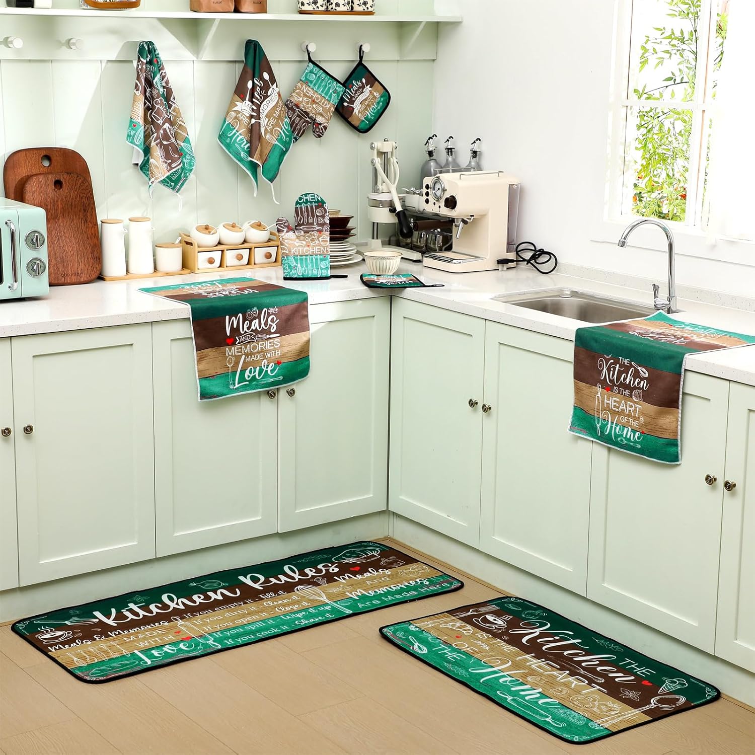 Fourluoo 10 Pcs Farmhouse Kitchen Decor Teal Oven Mitts and Pot Holders Sets Vintage Kitchen Dish Towels Rustic Pattern Oven Gloves for Home Decorations Baking Cooking Birthday Valentines Gifts