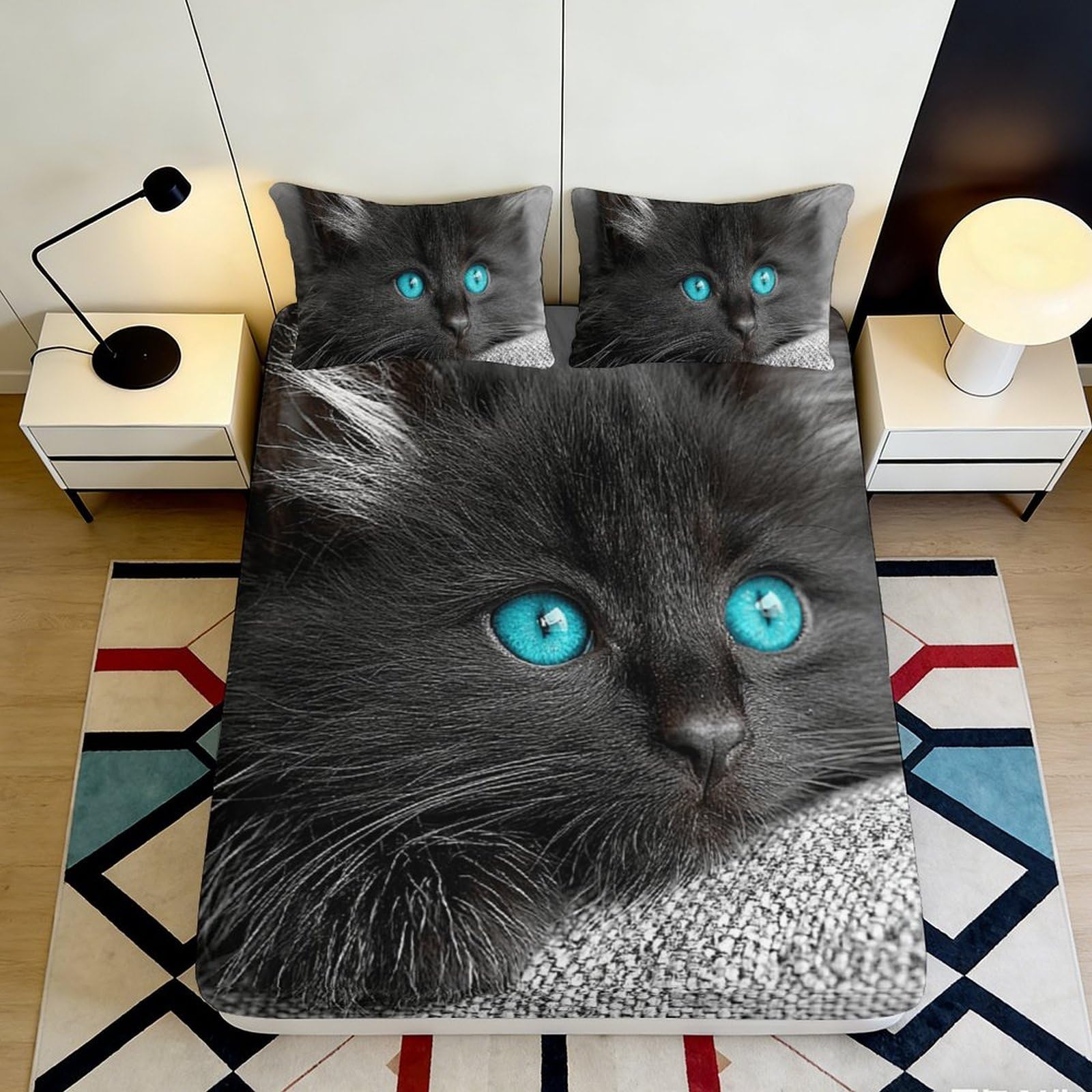 3D Printed Black Cat with Blue Eyes Fitted Sheet Microfiber Soft Breathable Blue-Eyed Cat Mattress Cover for Bedroom Dormitory Guest Room Mattress Protection Decor 160x200x25cm