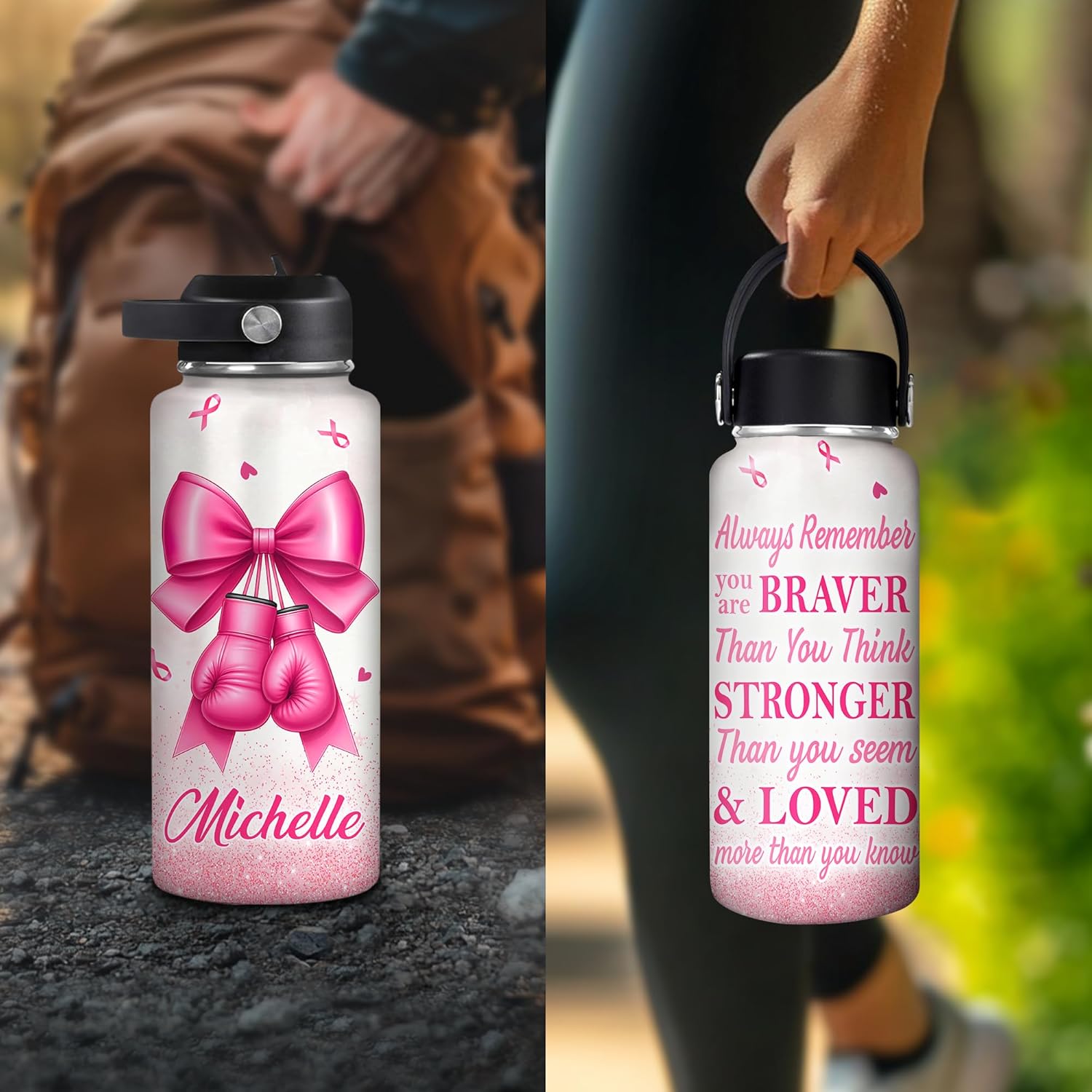 Hyturtle Personalized Breast Cancer Awareness Water Bottle – Custom Name Pink Ribbon Boxing Gloves Stainless Steel Insulated Bottle 18 oz 32 oz, Breast Cancer Survivor Encouragement Gifts for Women