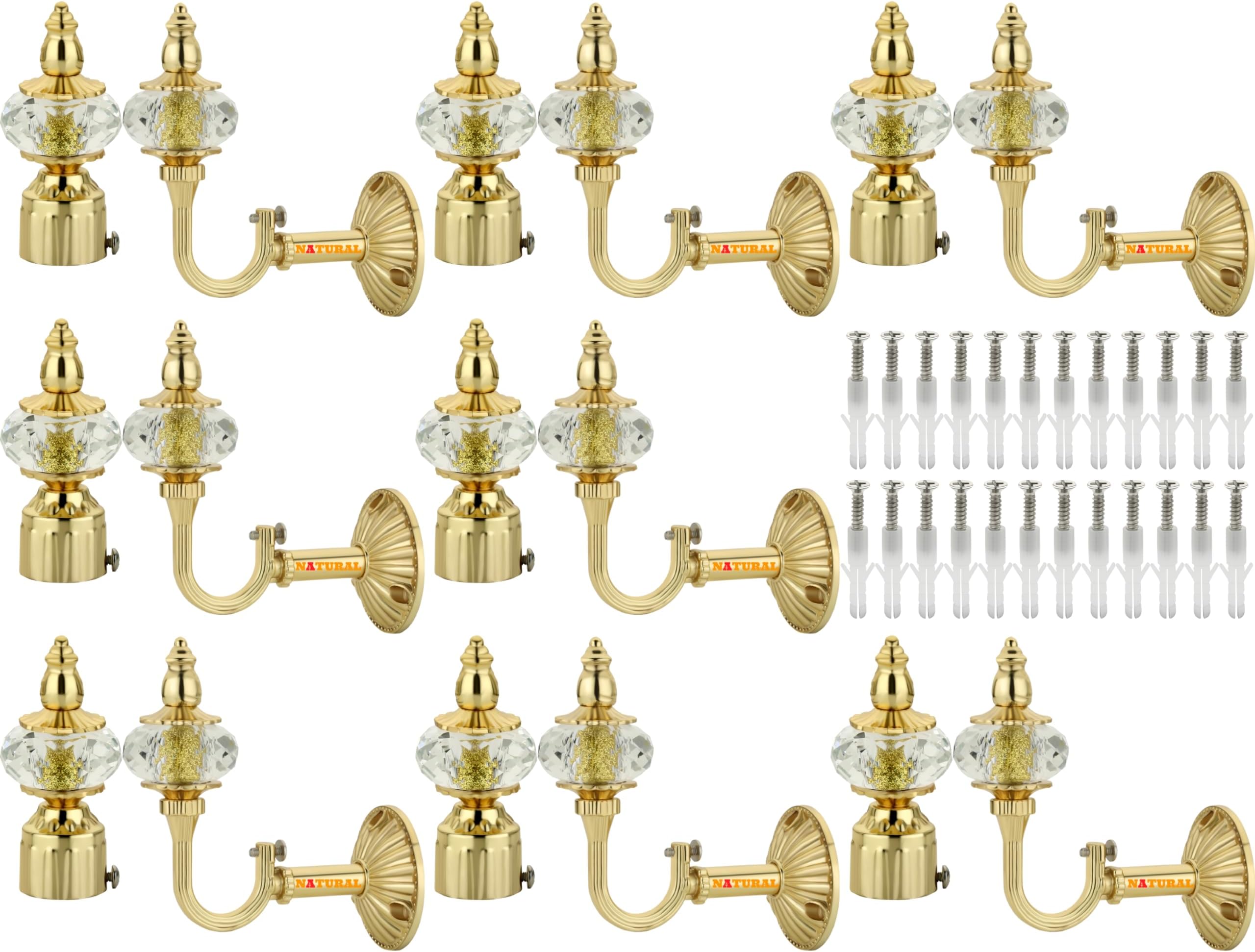 NATURAL Heavy Duty Aluminum Royal Luxury Design Curtain Bracket/Finial and Curtain Support with Screw/Wallplug for Window & Door Curtain Fittings Suitable Upto 1 Inch Pipe. (8 Set, Gold)
