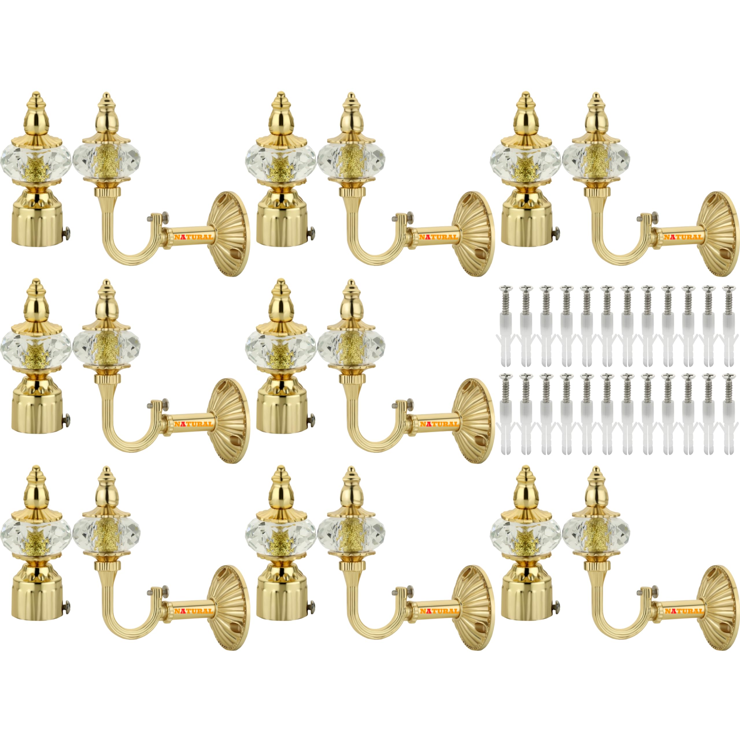 NATURAL Heavy Duty Aluminum Royal Luxury Design Curtain Bracket/Finial and Curtain Support with Screw/Wallplug for Window & Door Curtain Fittings Suitable Upto 1 Inch Pipe. (8 Set, Gold)