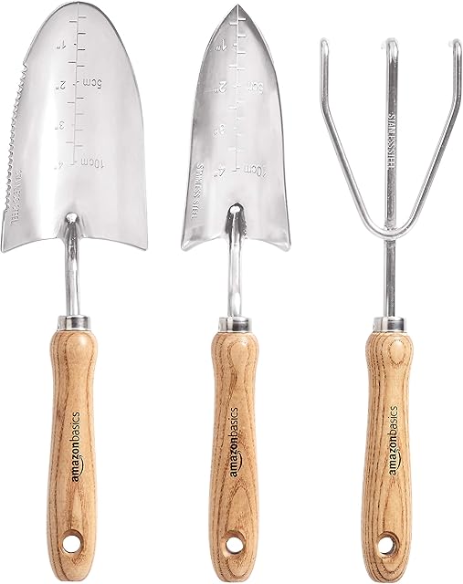 Amazon Basics 3-Piece Garden Tool Set with Stainless Steel Trowel, Hand Transplanter and Hand Cultivator