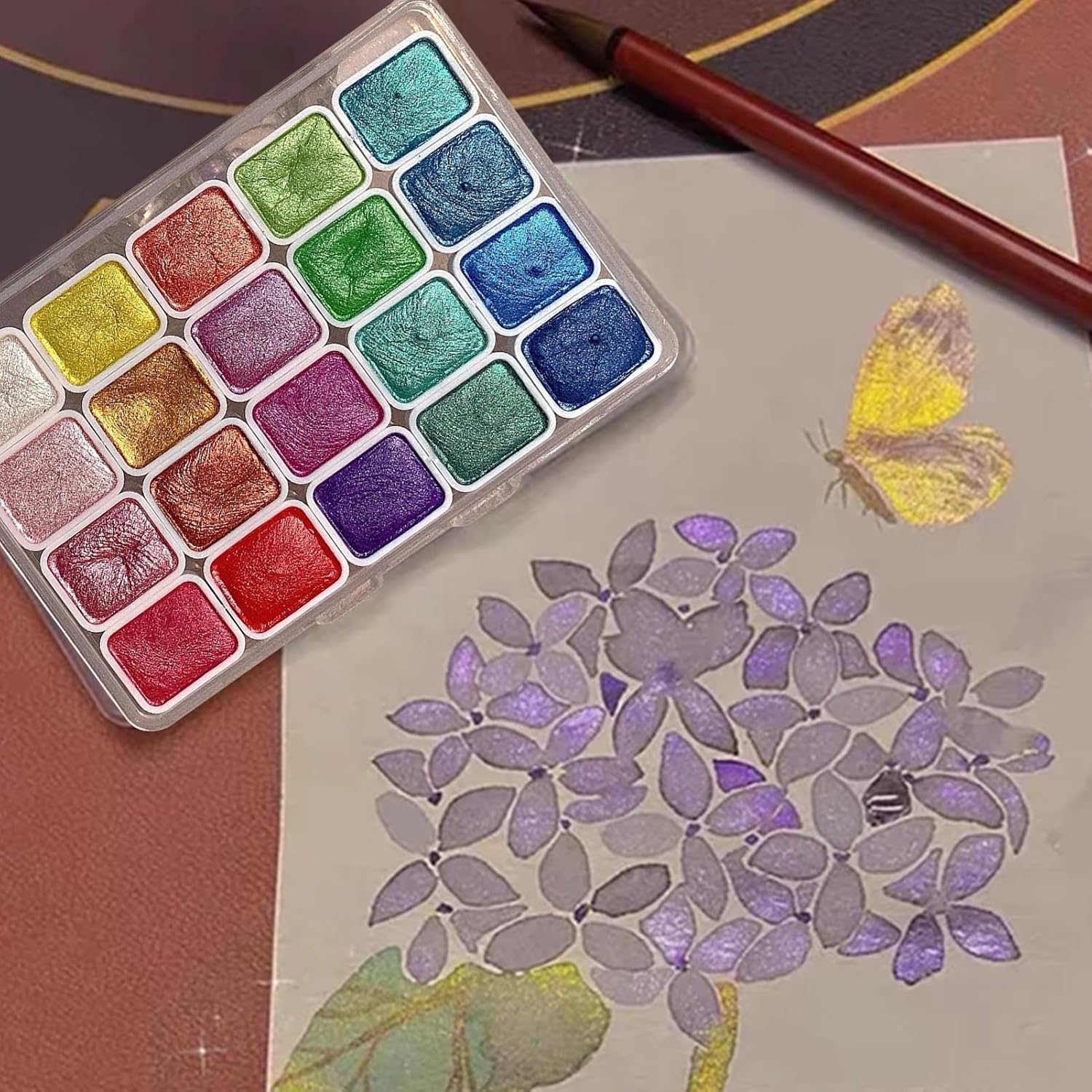 Набор однотонных акварельных красок Metallic Watercolor, набор из 20 цветов, палитра Metallic watercolor, Жемчужный цвет, блеск, хромает, хорошо тает, Набор акварельных красок, Переносной набор акварельных красок для путешествий, Детские принадлежности для рисования/Акварельные краски Metallic для начинающих, фото 4