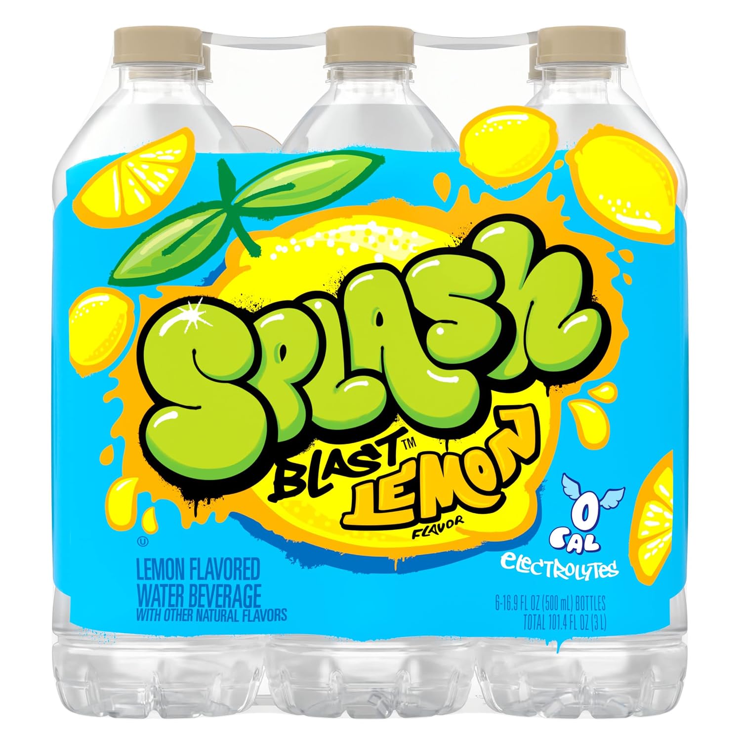 Splash Blast, Flavored Water Beverage, Lemon Flavor, 16.9 Fl Oz Plastic Bottles, 6 Pack