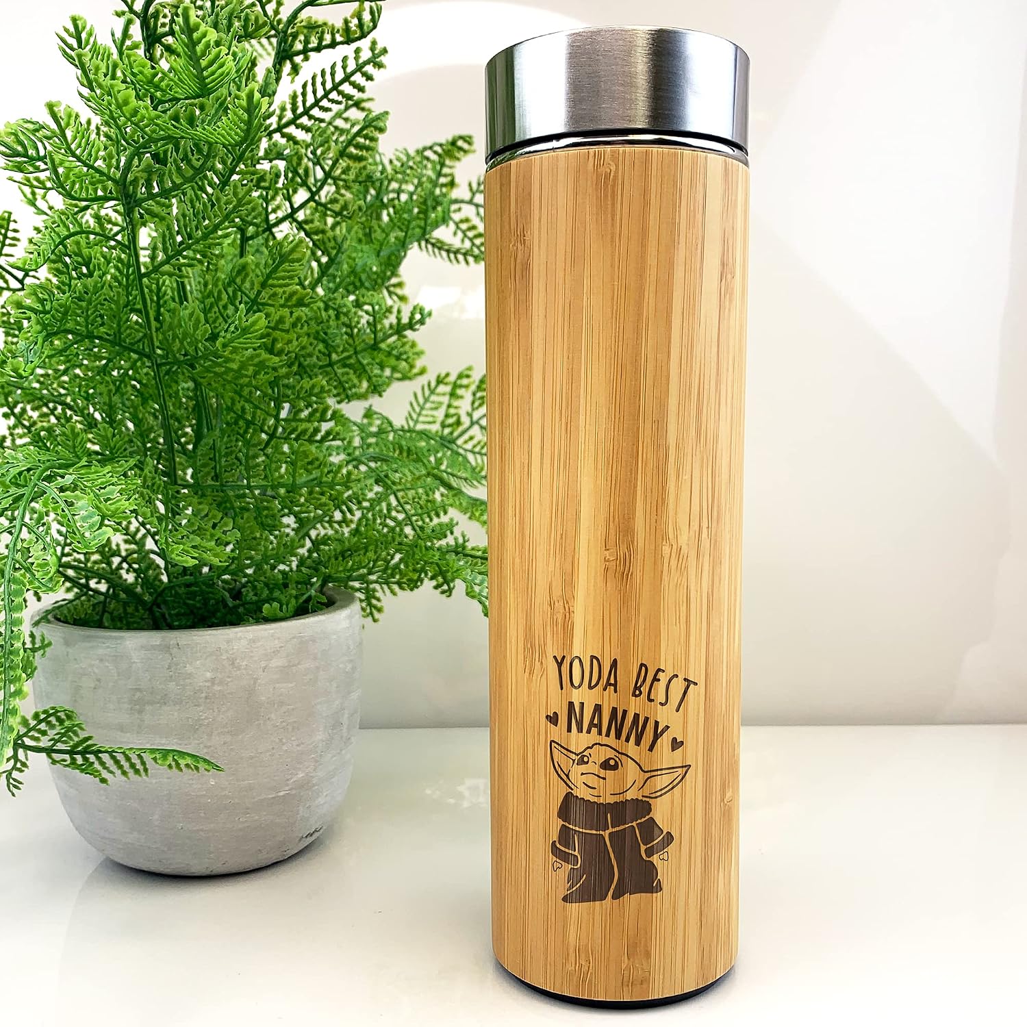 eBuyGB Personalised Bamboo Travel Flask, Baby Yoda Travel Mug, 500ml Star Wars Themed Coffee Mug Cup