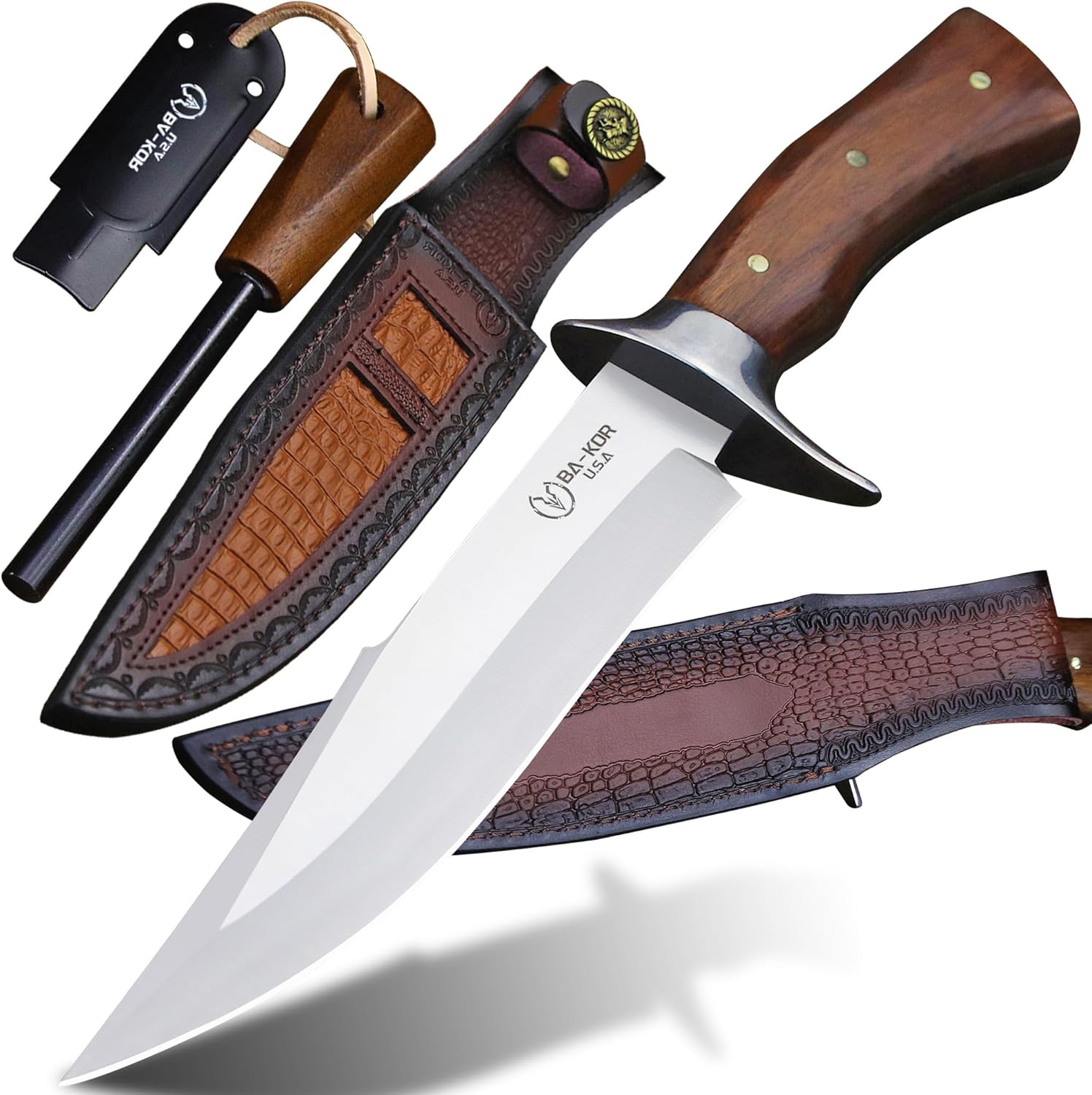 BA-KOR 4mm 9CR18MOV steel (13IN) Bowie knife + sheath & (5.9IN) cerium igniter, suitable for outdoor hunting, camping, survival, EDC tool knife