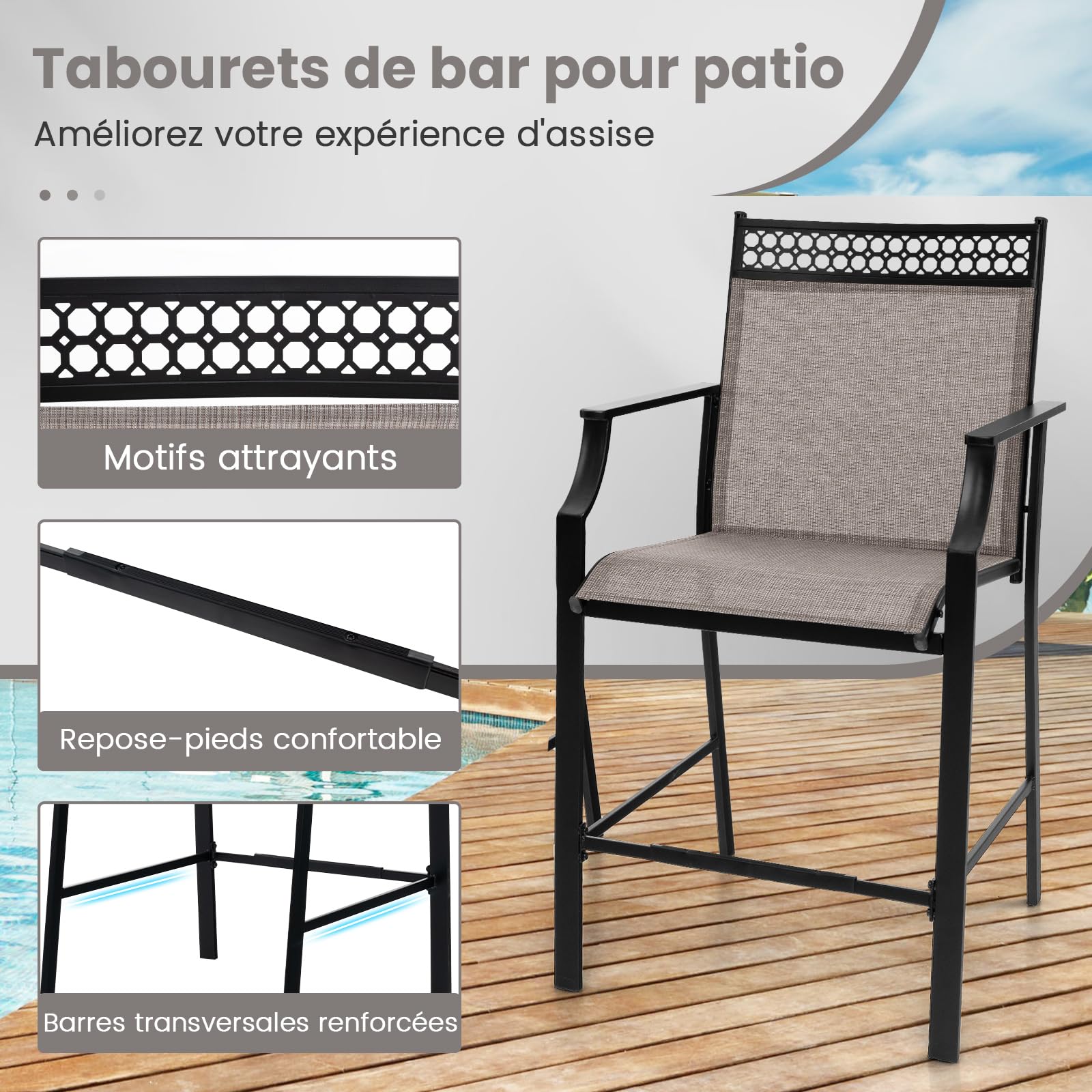COSTWAY Lot de 2 Chaises de Jardin, Chaises de Salle à Manger à Dossier Haut, Fauteuil d'Extérieur en Métal et en Teslin à Séchage Rapide, Tabourets de Bar, Charge 180 KG (66 x 62 x 114 cm,Café)