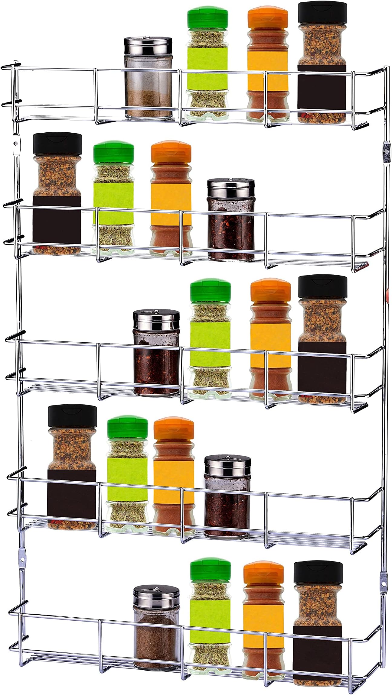Exzact Spice Rack Wall Mounted or Cupboard Door Fitting (Fixings Included) - Kitchen Herb Jar Shelf Organiser, Pantry Storage Space Saving Unit Door - Chrome Plated (5 Tiers)