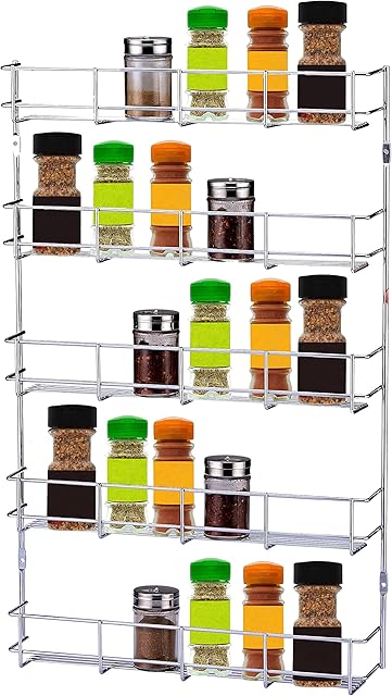 Exzact Spice Rack Wall Mounted or Cupboard Door Fitting (Fixings Included) - Kitchen Herb Jar Shelf Organiser, Pantry Storage Space Saving Unit Door - Chrome Plated (5 Tiers)