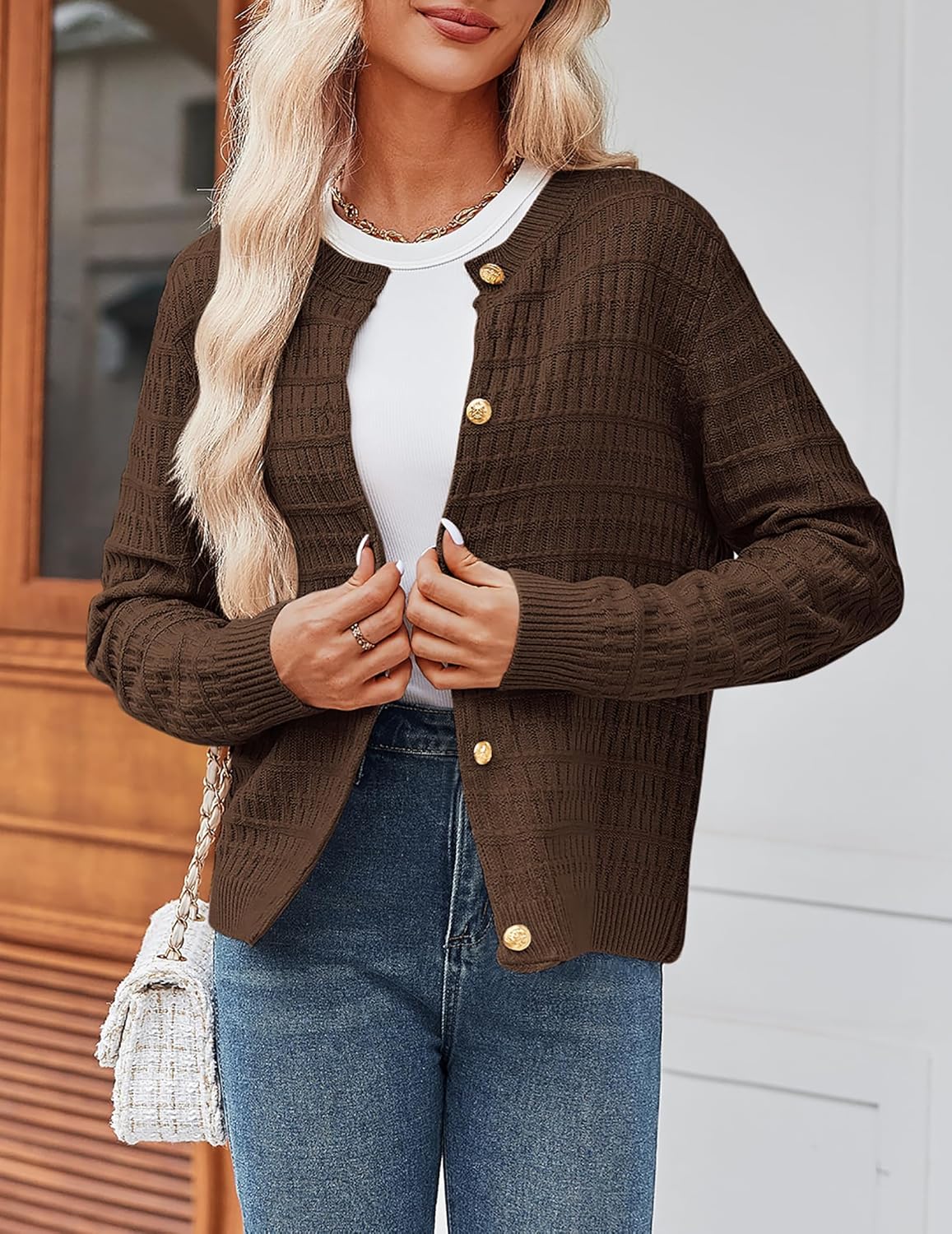 Zeagoo Women's 2026 Cardigan Sweaters Button Down Crew Neck Open Front Long Sleeve Knit Cropped Jackets Brown - Image 2