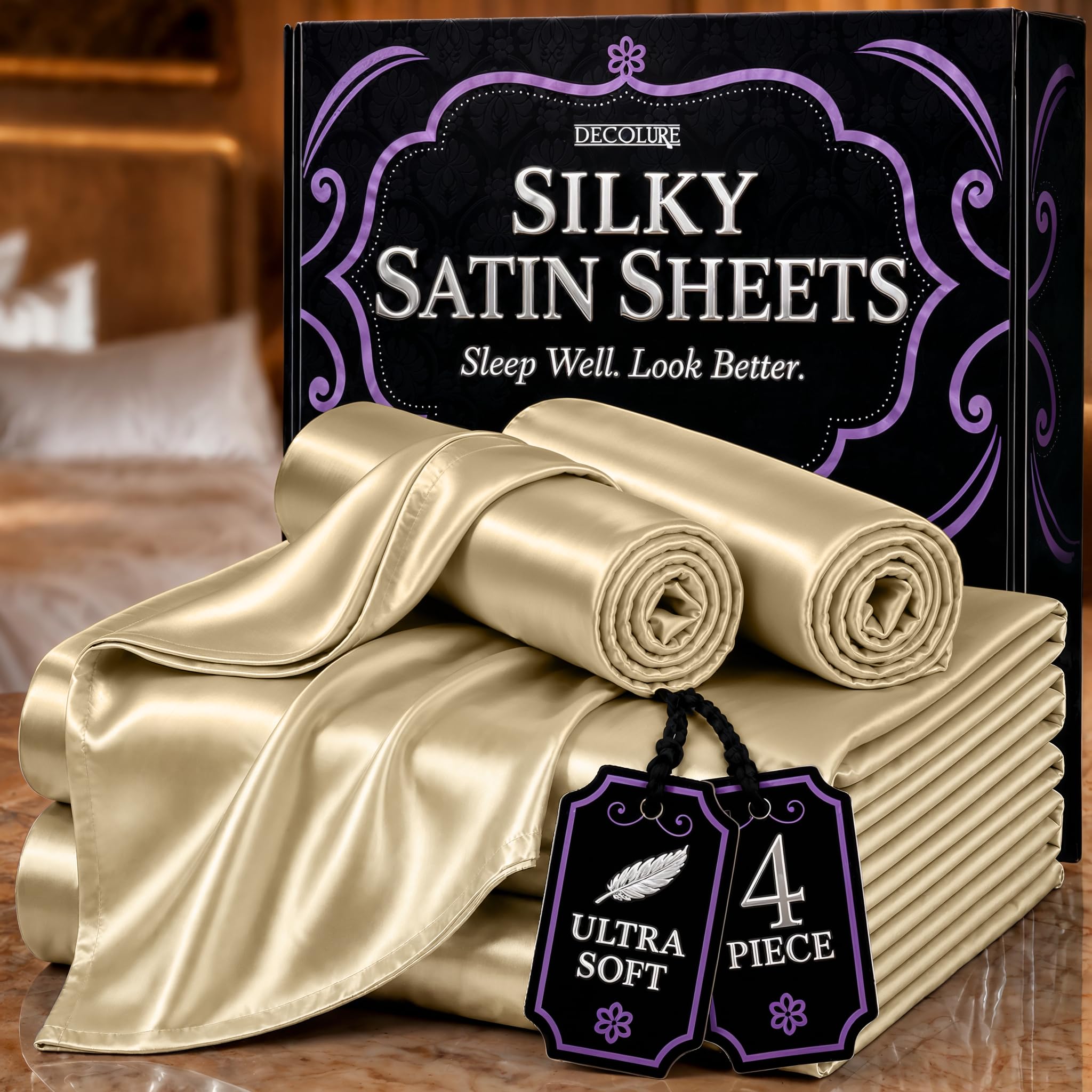DECOLURE Satin Bed Sheets - 4 Piece Luxury Silky Full Size Bedding Set - Softer Than Silk, Wrinkle-Free with 15โ Deep Pocket Fitted Sheet, Perfect for Hair & Skin, Gifts for Women (Champagne) โ image 1