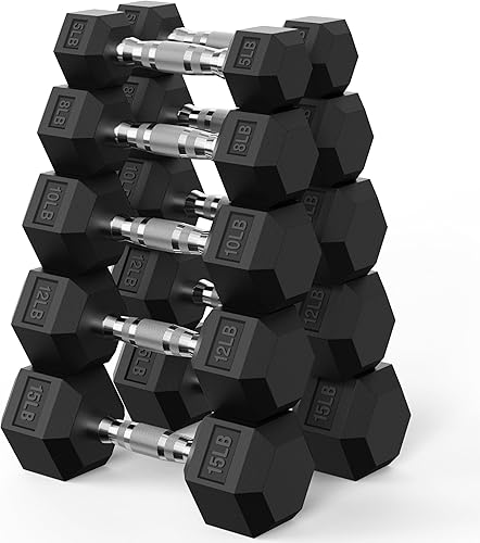 Miniatura 11 de PAPABABE Juego de mancuernas hexagonales de 45 a 550 libras, mancuernas de gimnasio en casa con revestimiento de goma, mancuernas para mujeres y