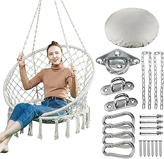 Greenstell Silla Hamaca,Columpio de Macramé con Juegos Colgantes,Silla Colgante de Cuerda de Algodón,Cómodas Sillas Colgantes Resistentes para Interiores, Exteriores,Patio, Jardín (Crema)