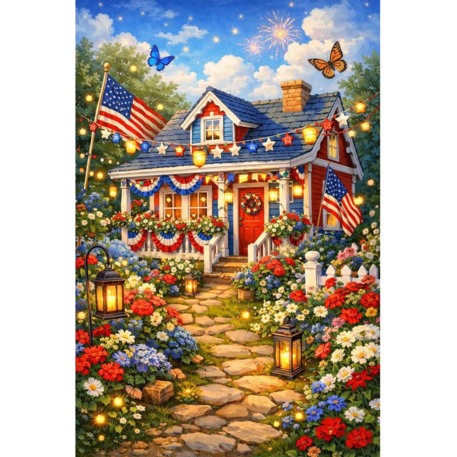 Poetrydraw Independence Day Cottage Full Diy 5D Round Drill Diamond Art Kit 40X60cm Large Size For Adults & Beginners