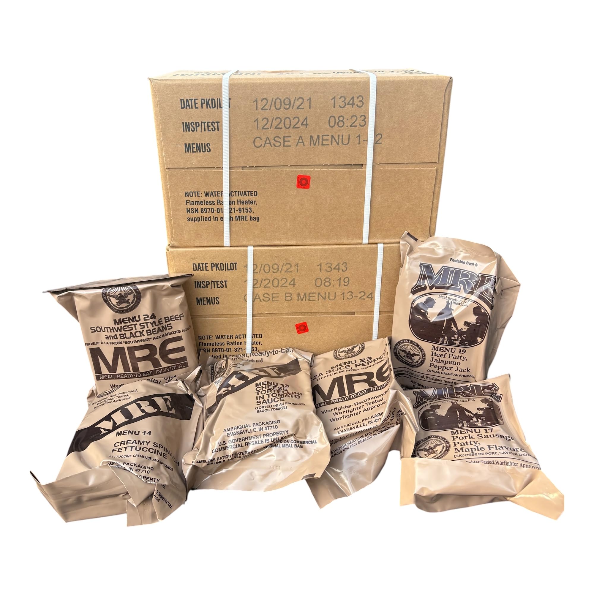 MRE Meals Ready to Eat Inspection 2024, Emergency Food Supply, Survival Camping Outdoor 12 Pack(A & B Case Bundle, 24 Total Meals