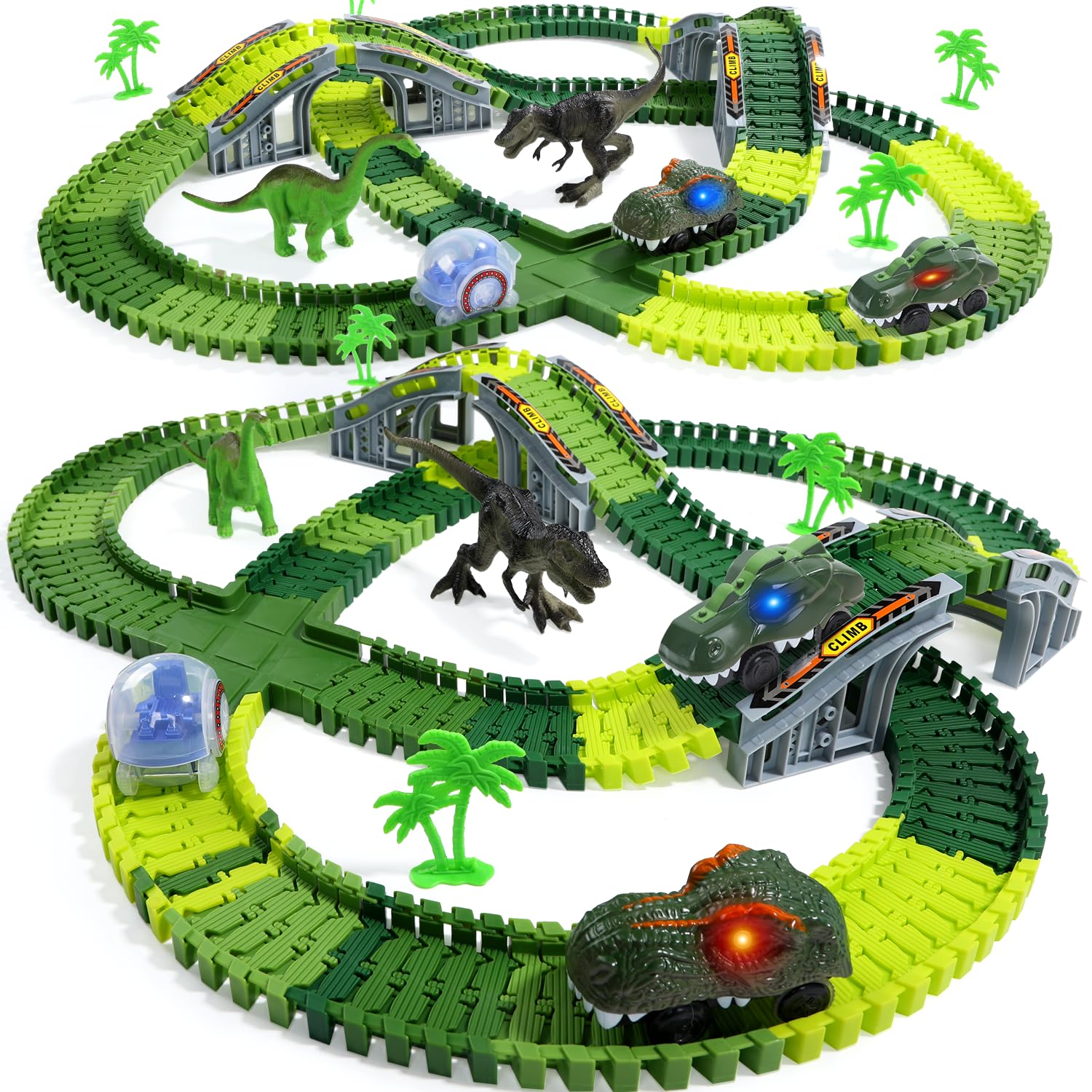 EagleStone Dinosaur Race Track Set for Kids – 233 PCS Flexible Race Tracks,2 Electric Dino Cars with Light, 2 Dino Figures,Christmas Birthday Gift for 3-8 Year Old Boys and Girls