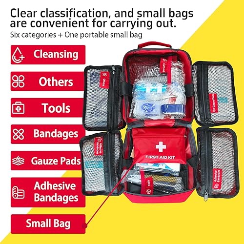 Miniatura 5 de Kit de primeros auxilios grande de 556 piezas, bolsa de primeros auxilios médicos de supervivencia, compartimentos etiquetados, esencial para el