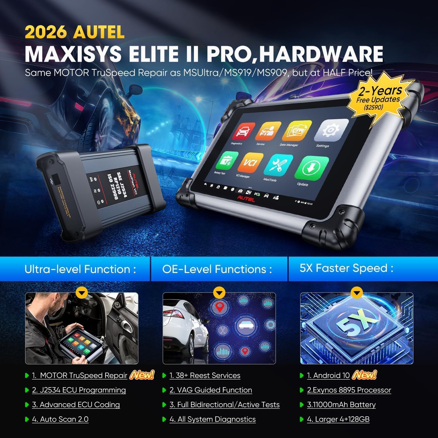 Autel Diagnosis MaxiSYS Elite II Pro, 2026 Actualizada de MK908P II/MS908SP Bidireccional Escáner para Coche Multimarca, Programación & Codificación J2534, 38+ Servicios, Actualización 2 Años