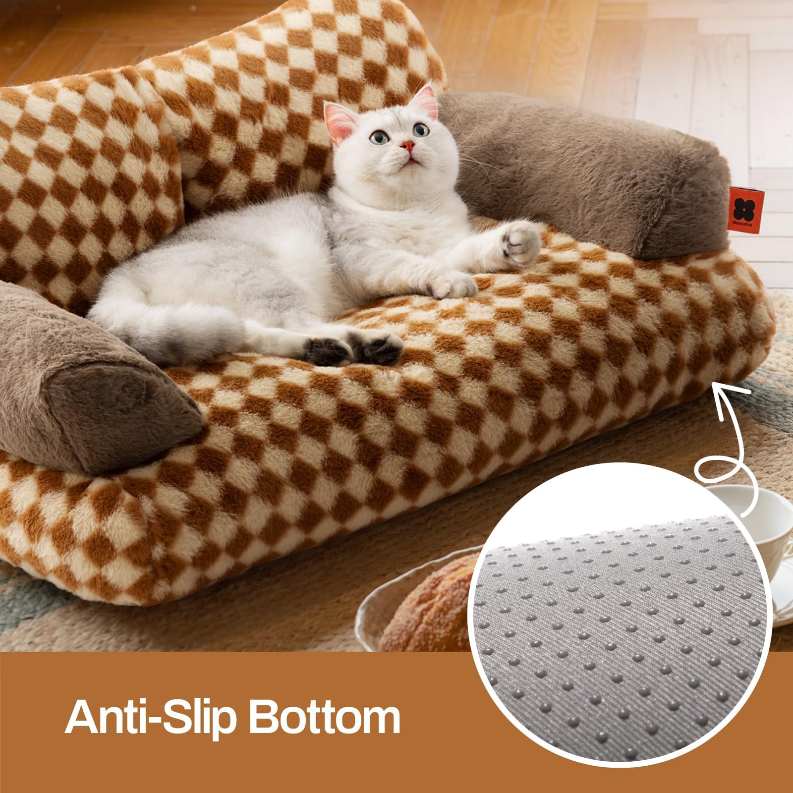 MEWOOFUN Elegante cama para gatos de interior grande, mullida y suave, bonito sofá cama para perros y gatos con parte inferior antideslizante, 66 x 48 cm, Marrón