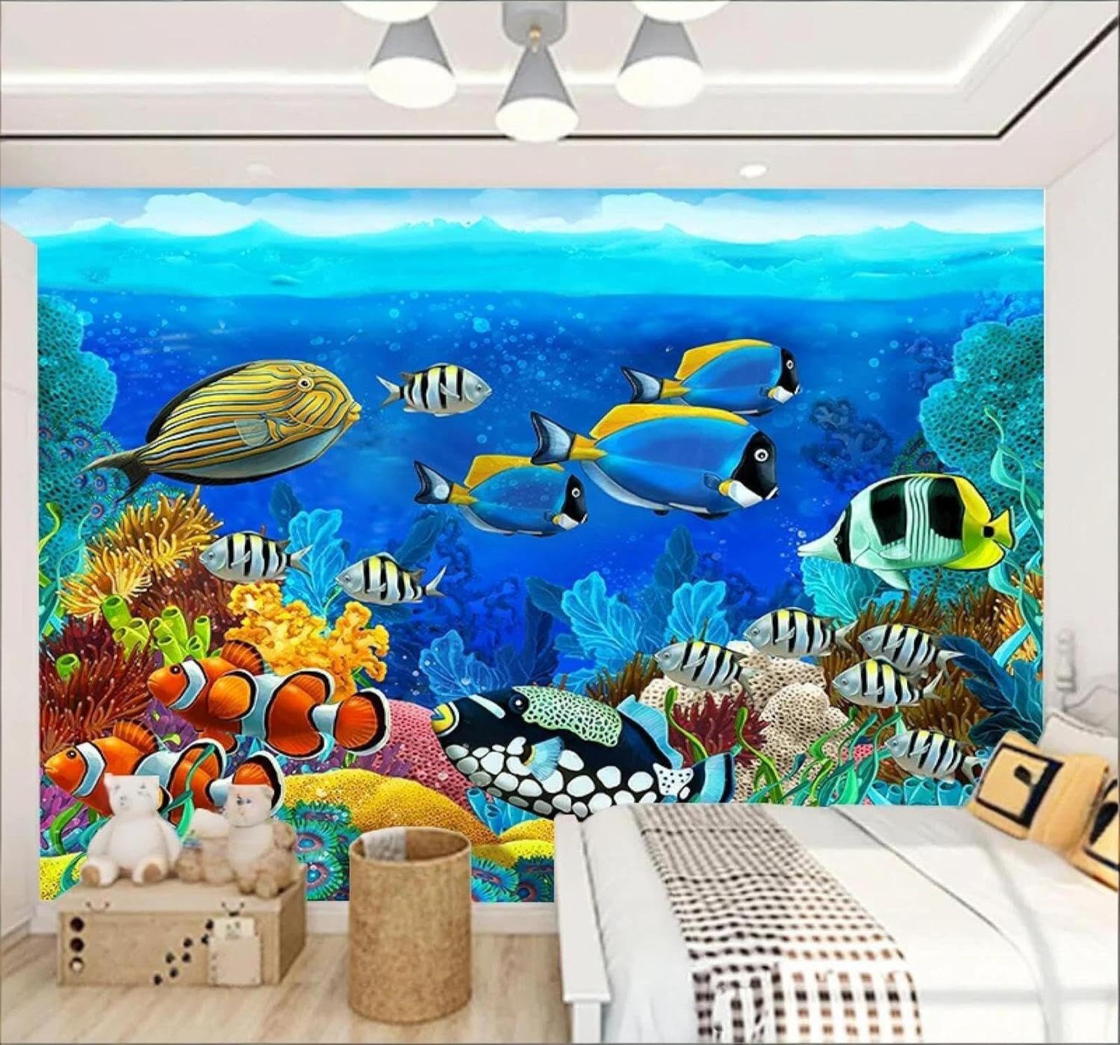 XLMING Cartoon Underwater World Fish Coral Aquatic Plants 3D Wallpaper Silky Texture Home Study Office Grey Dining Room Sofa Bedroom Living Room TV Backdrop-400cm×280cm