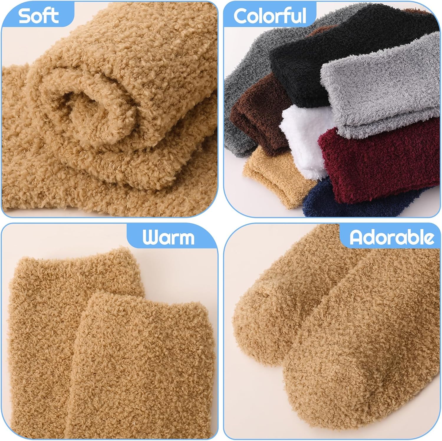 Jspupifip Fluffy Socks for Women 8 Pairs Soft Home Slipper Winter Fluffy Sleeping Christmas Socks White, Khaki, Black, Coffee, Light Gray, Dark Gray, Red, Blue - Image 4