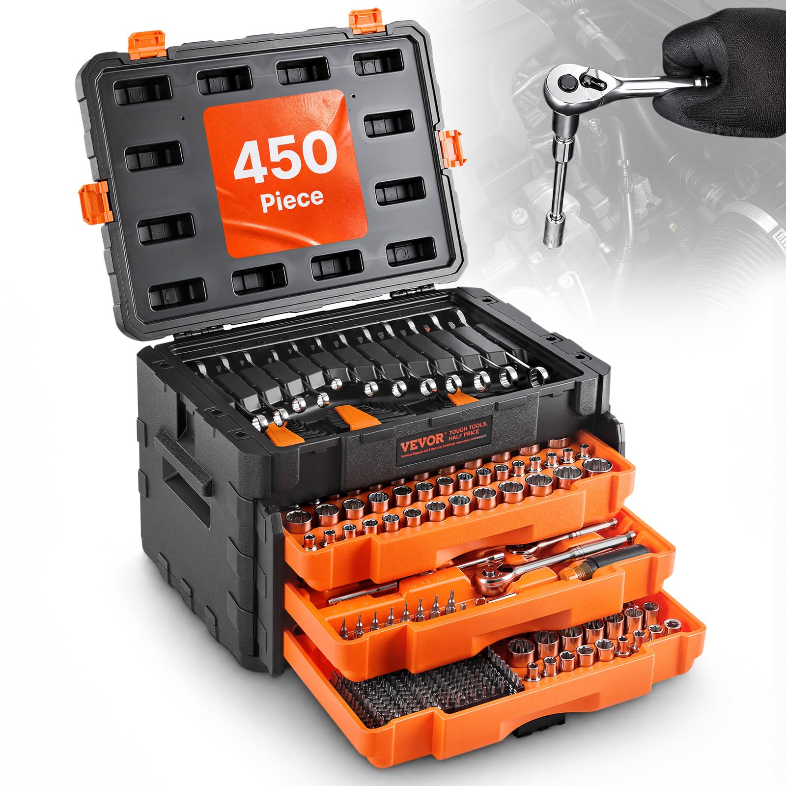 VEVOR Mechanics Tool Set and Socket Set, 450 PCS, 1/4" 3/8" 1/2" Drive