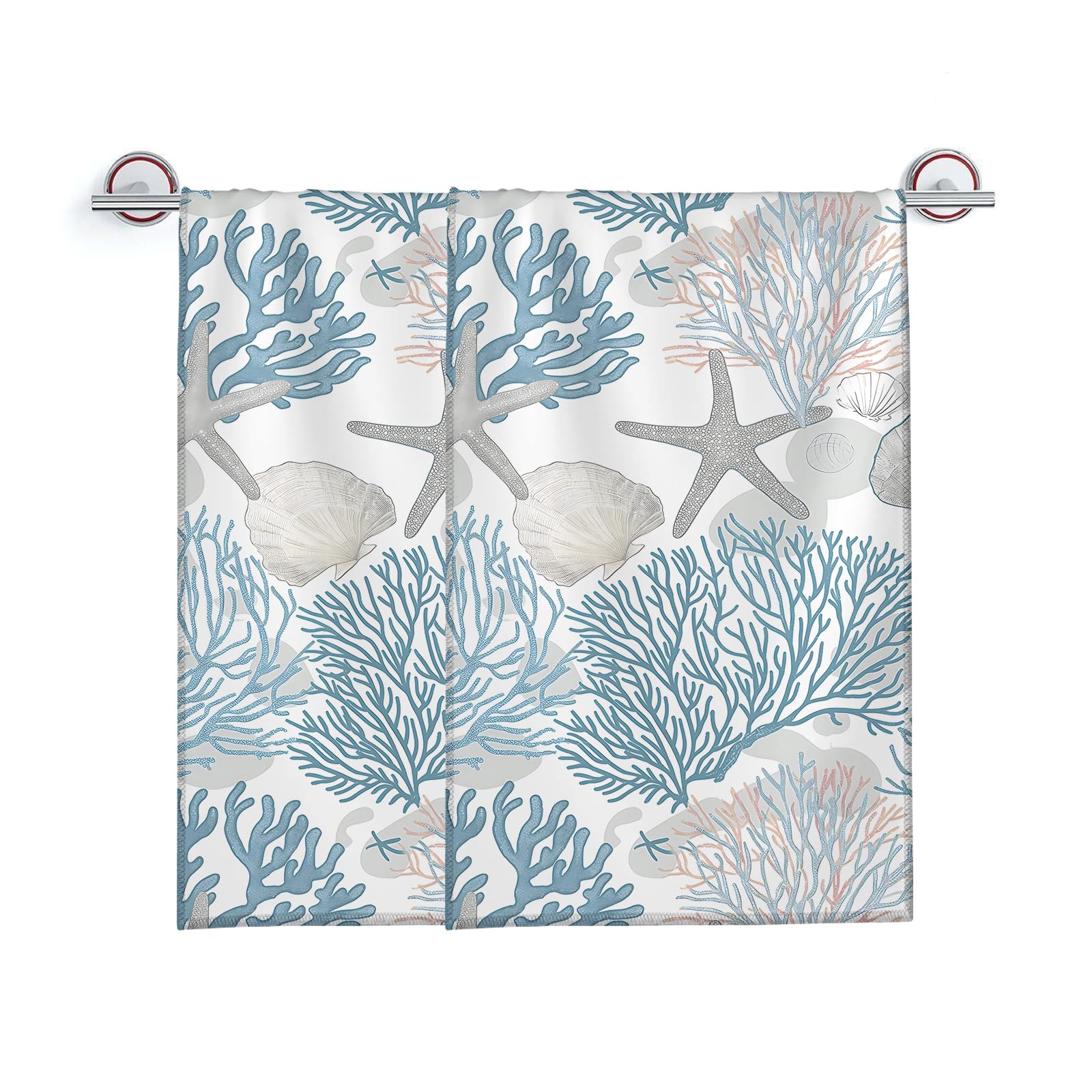 Turamurra Hand Towels Set of 2 Nautical Coastal Starfish Seashell Coral Towels for Bathroom Decorative, Bath Towels, Soft Absorbent Towels for