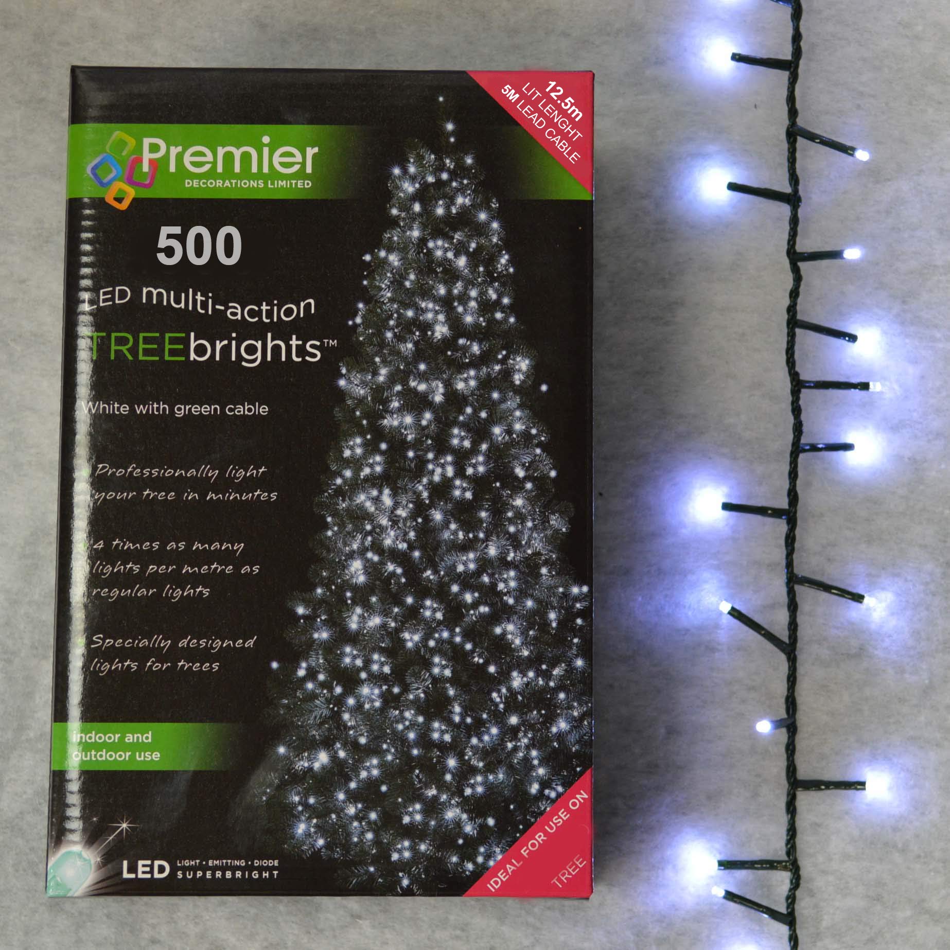 Premier Decorations 12.5m WHITE 500 LED Supabright CHRISTMAS TREEBRIGHT Festive LIGHTS for 1.5m Tree