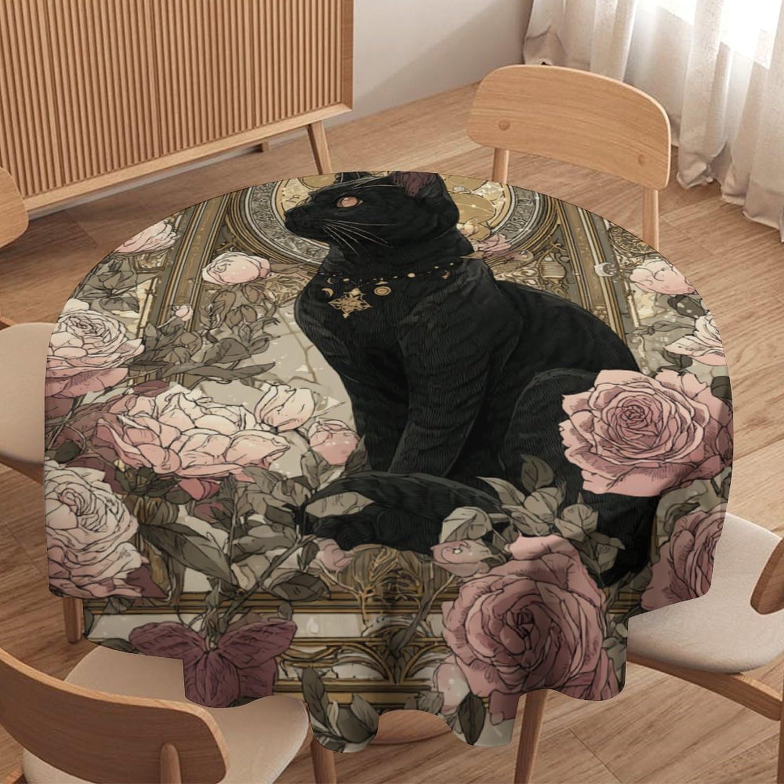 LUYYSKY Beautiful Boho Black Cat Round Tablecloth Rustic Aesthetic Moon Phase Black Cat Roses Floral Pattern Washable Decor for Table Cover for Kitchen-127 Wx127 L cm