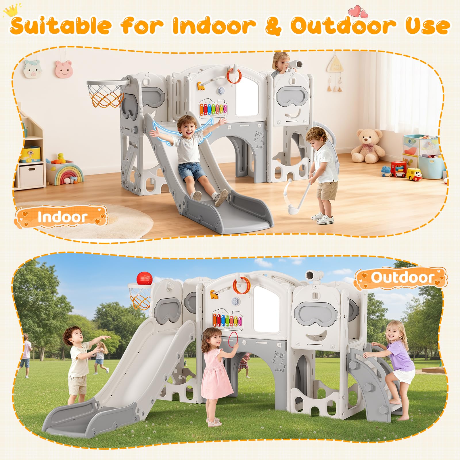 Scivolo per bambini, set da gioco 13 in 1 per neonati con canestro da basket e parete da arrampicata, scivolo autoportante per interni ed esterni con lancio degli anelli, xilofono e set da golf