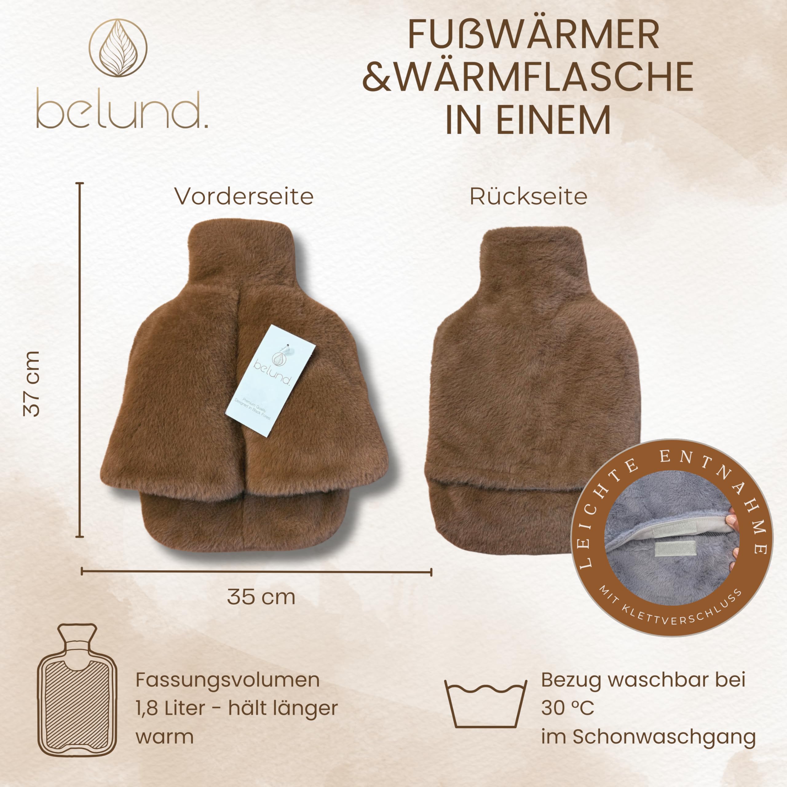 Fußwärmer Wärmflasche 2in1 – flauschiger Fußwärmer für kalte Füße – Bettflasche mit extra dickem, waschbarem Plüschbezug, ohne Strom, lange warm – beidseitig weich & kuschelig – belund.® Caramel Braun