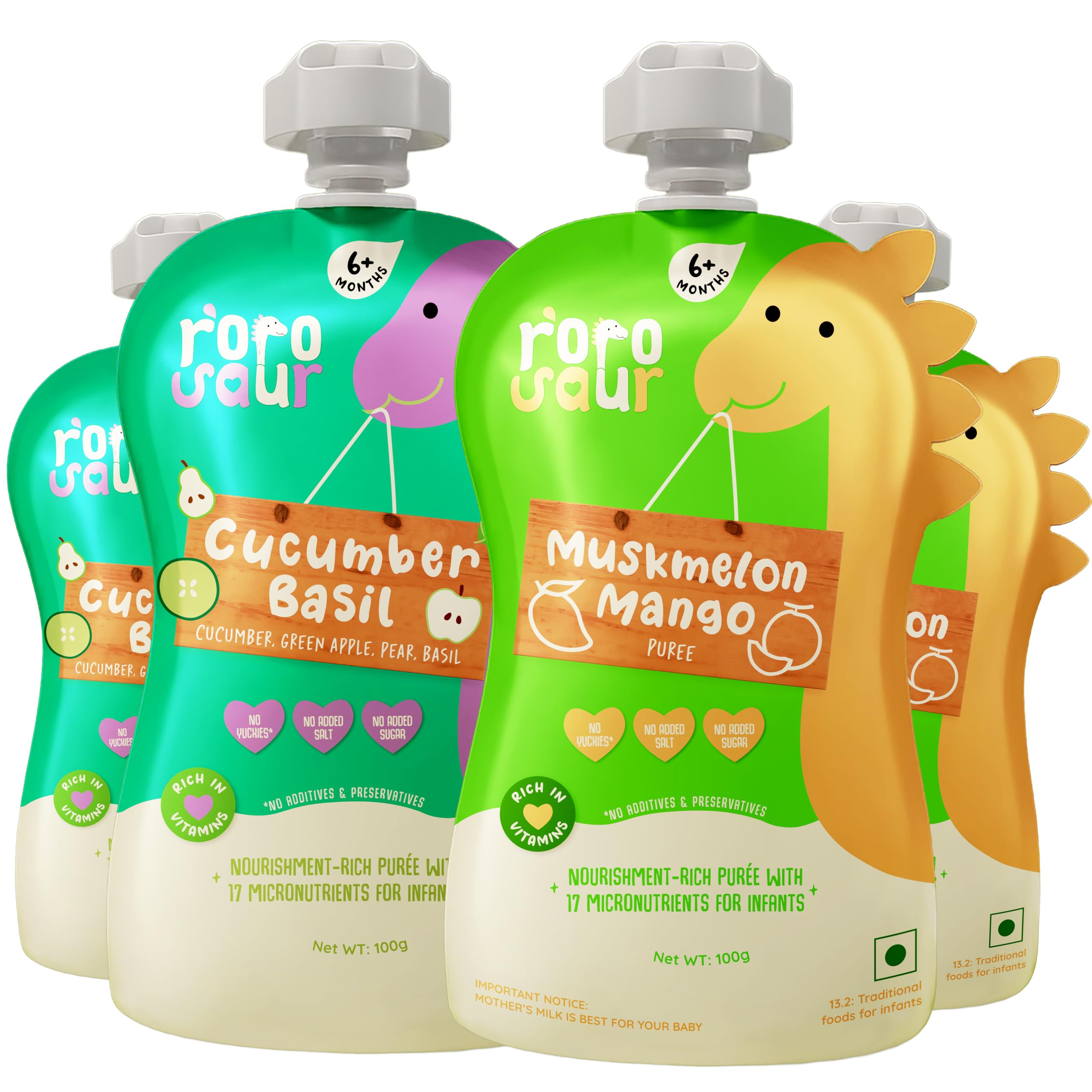 Rorosaur Baby Food - Mango and Cucumber Summer Snack Combo-Ready to Eat Fruit and Veg Purees for Little One | Rich in Vitamins & Minerals | No Added Sugars/Salts/Preservatives - Pack of 4 (100g each)-image-36