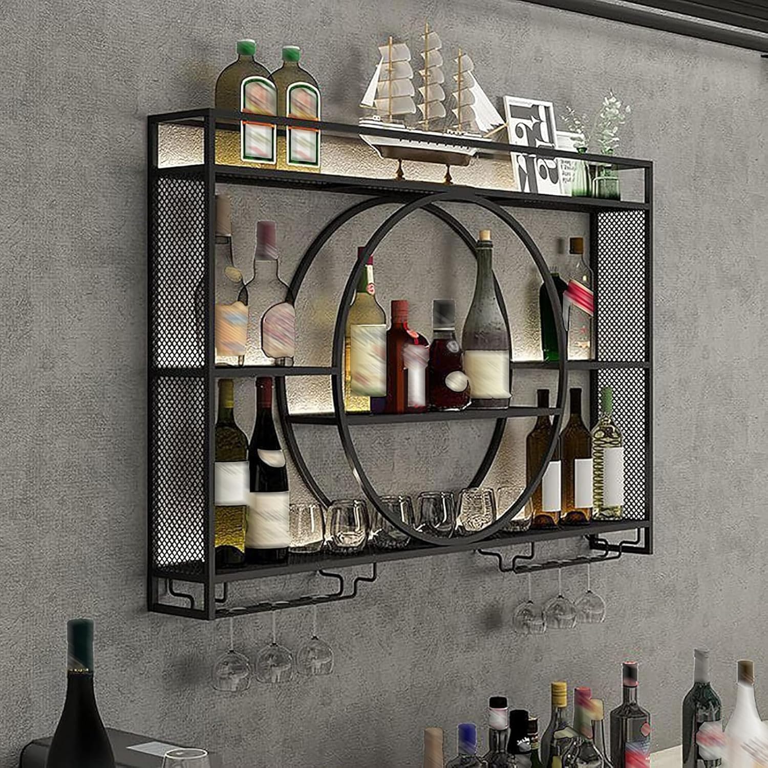 YUANCHUTOP Wall Mounted Display Cabinet with Stools - Space-Saving Storage Solution for Home Bar or Living Room
