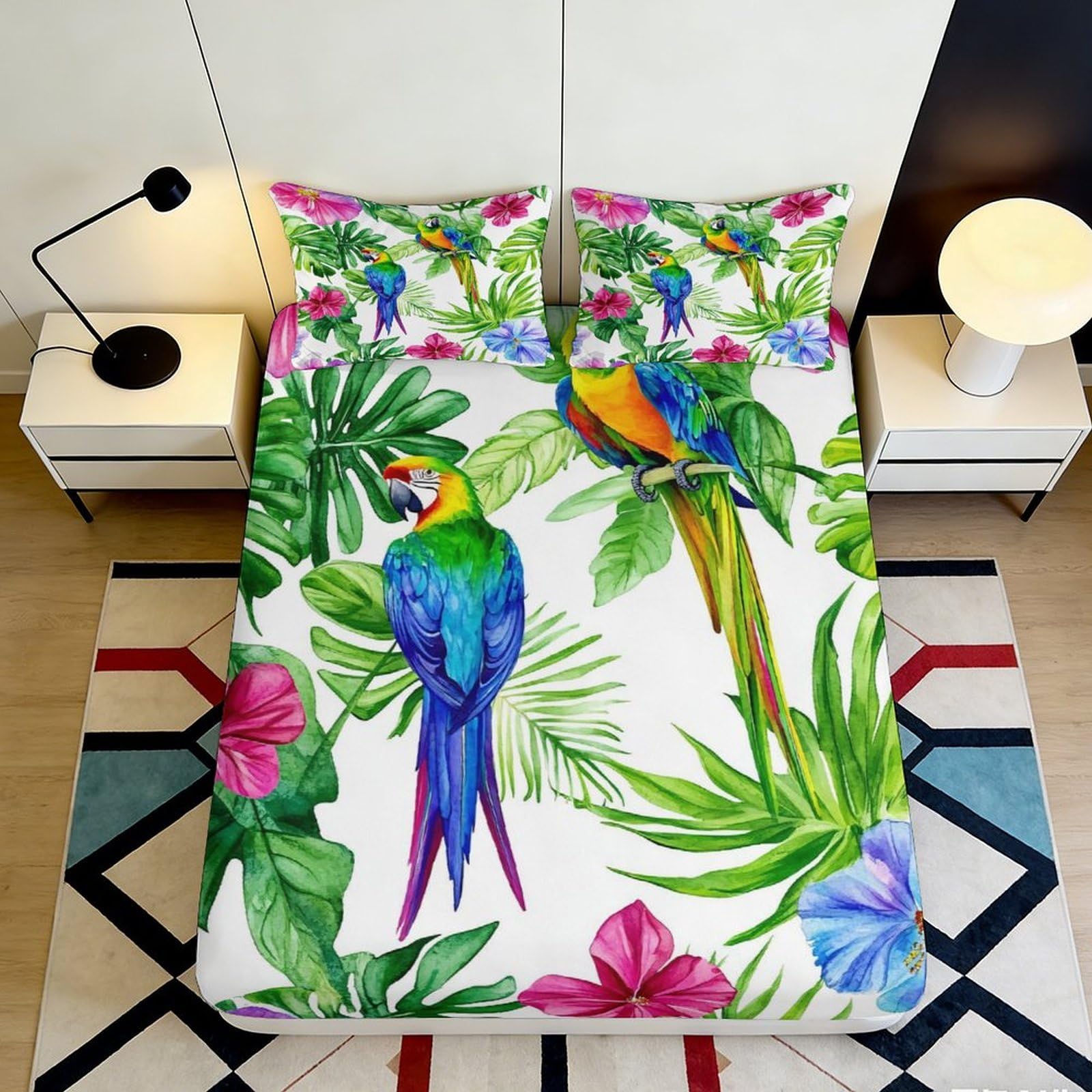3D Printed Tropical Parrot Fitted Sheet Microfiber Deep Pocket Elastic Hem Bedroom 3D Parrot Mattress Fitted Cover 90x200x25cm