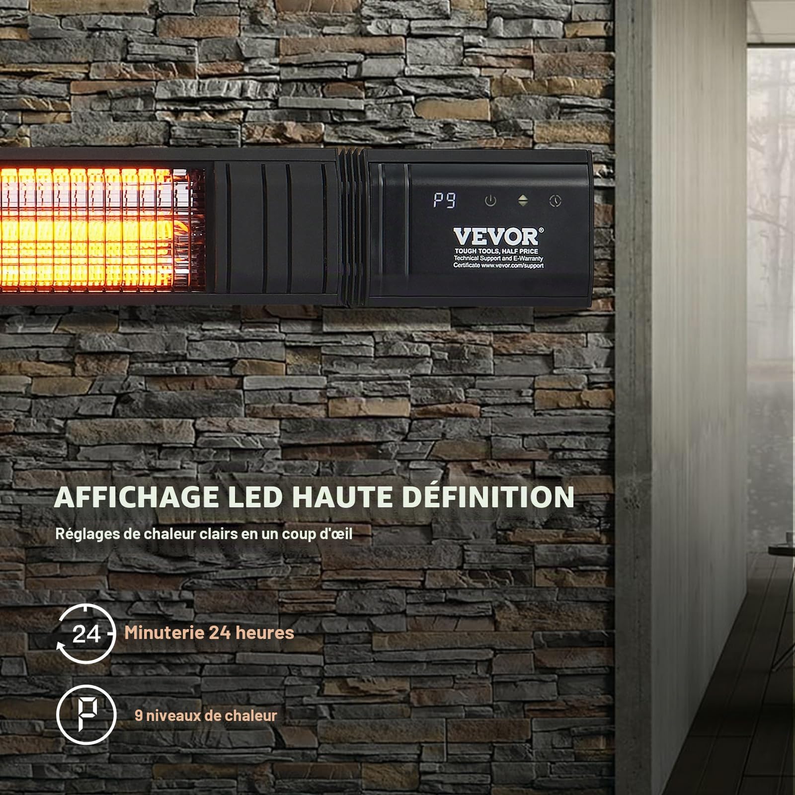 VEVOR Chauffage extérieur terrasse, 3000 W, radiateur infrarouge électrique avec télécommande, 9 vitesses, minuterie, protection IP65, support mural, pour porche, patio, salle à manger, studio, jardin