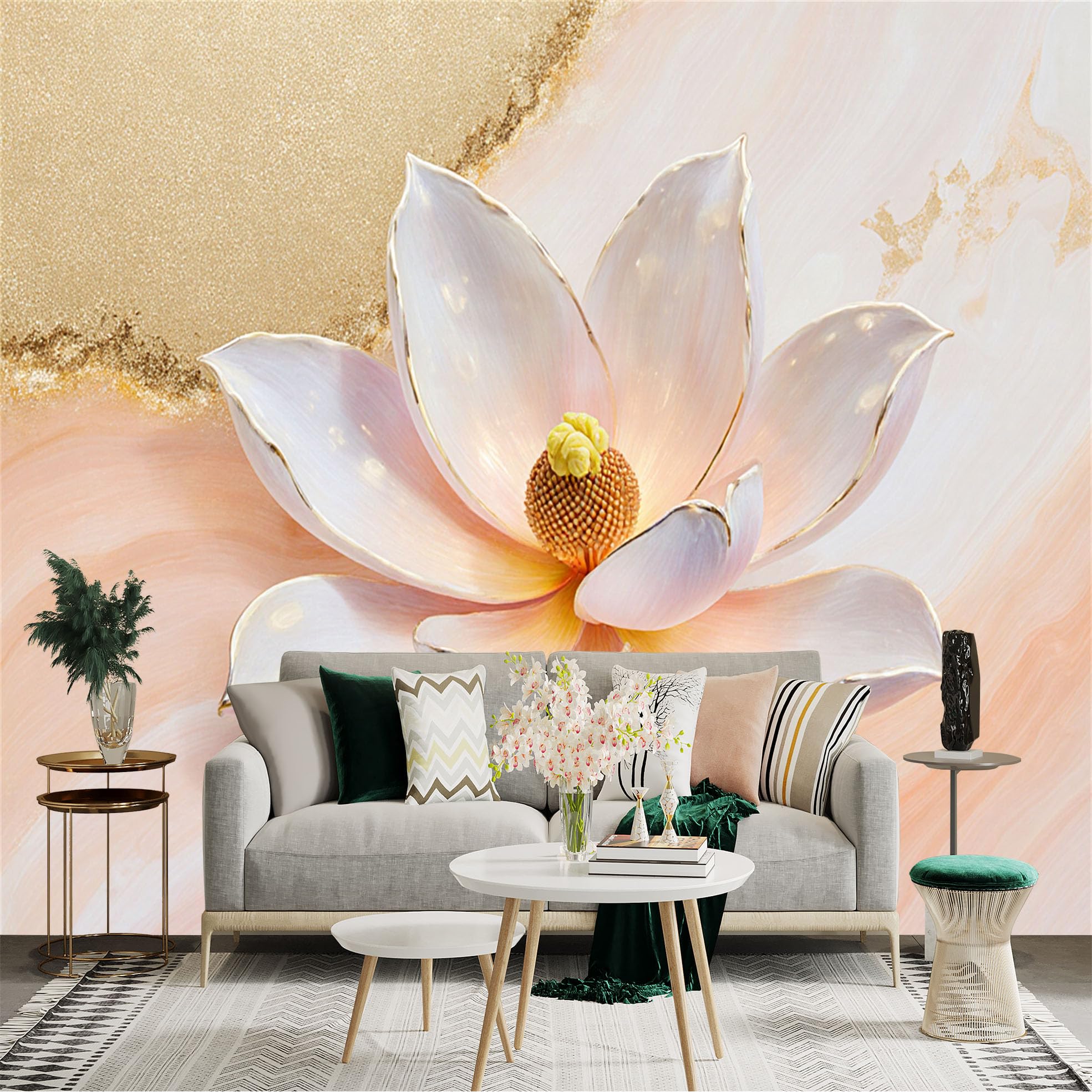 Custom Size Wall Sticker Mural， Elegant White Lotus Flower， Soft Pastel Marble Background， Luxury Gold Texture， Minimalist Floral Art， for wall Decoration， peelandstick wall Decals.