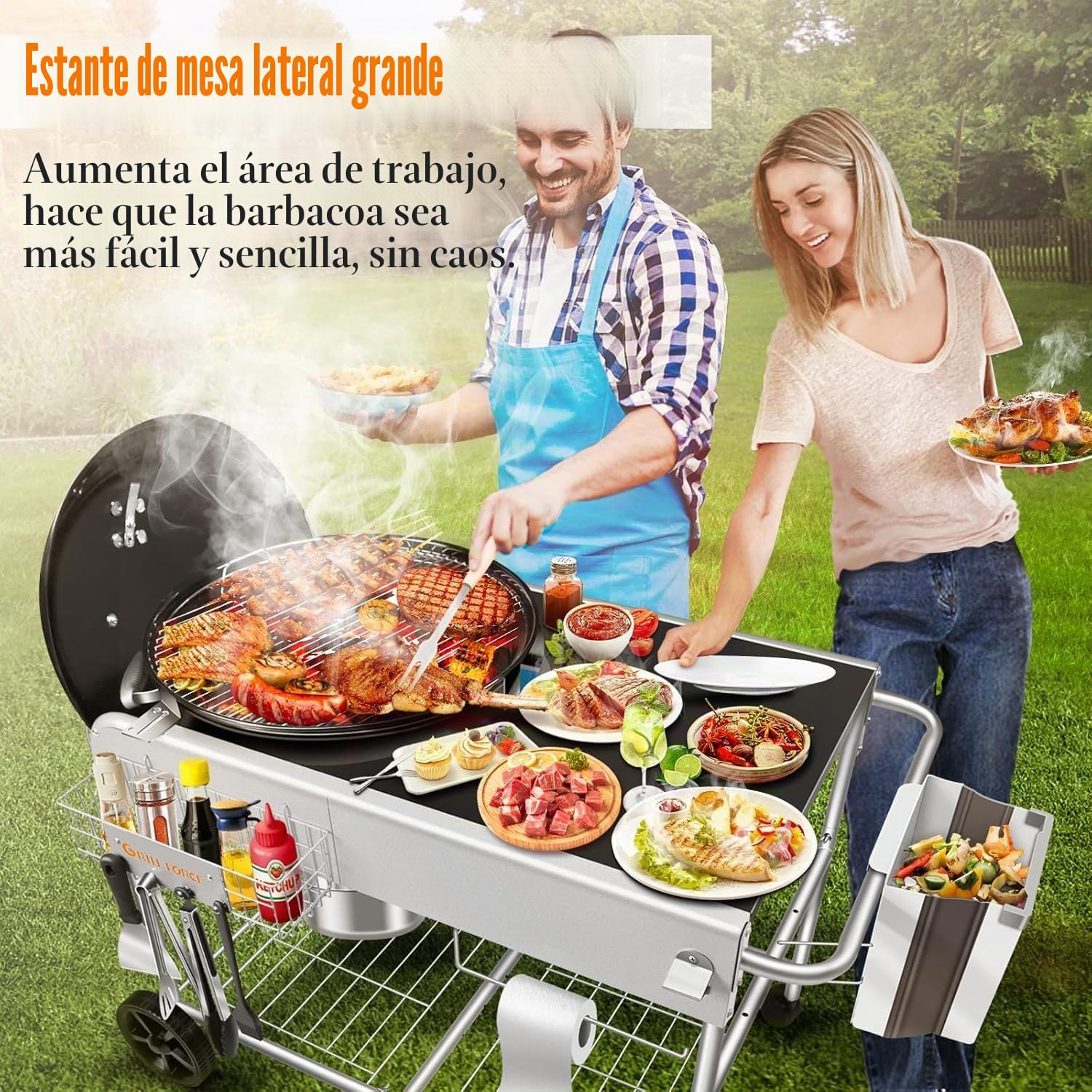 GFTIME Mesa de barbacoa de acero inoxidable para Weber de 47 cm y 57 cm, original Kettle, Premium, Master Touch, Jumbo Joe, parrilla de carbón vegetal Performer con soporte de tapa, soporte para